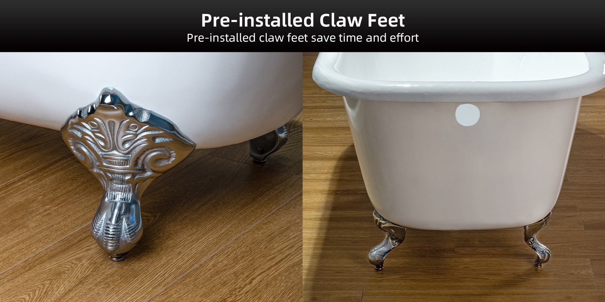 WOODBRIDGE TC0354 54 Inch Cast Iron Roll Top Clawfoot Bathtub with Chrome Feet
