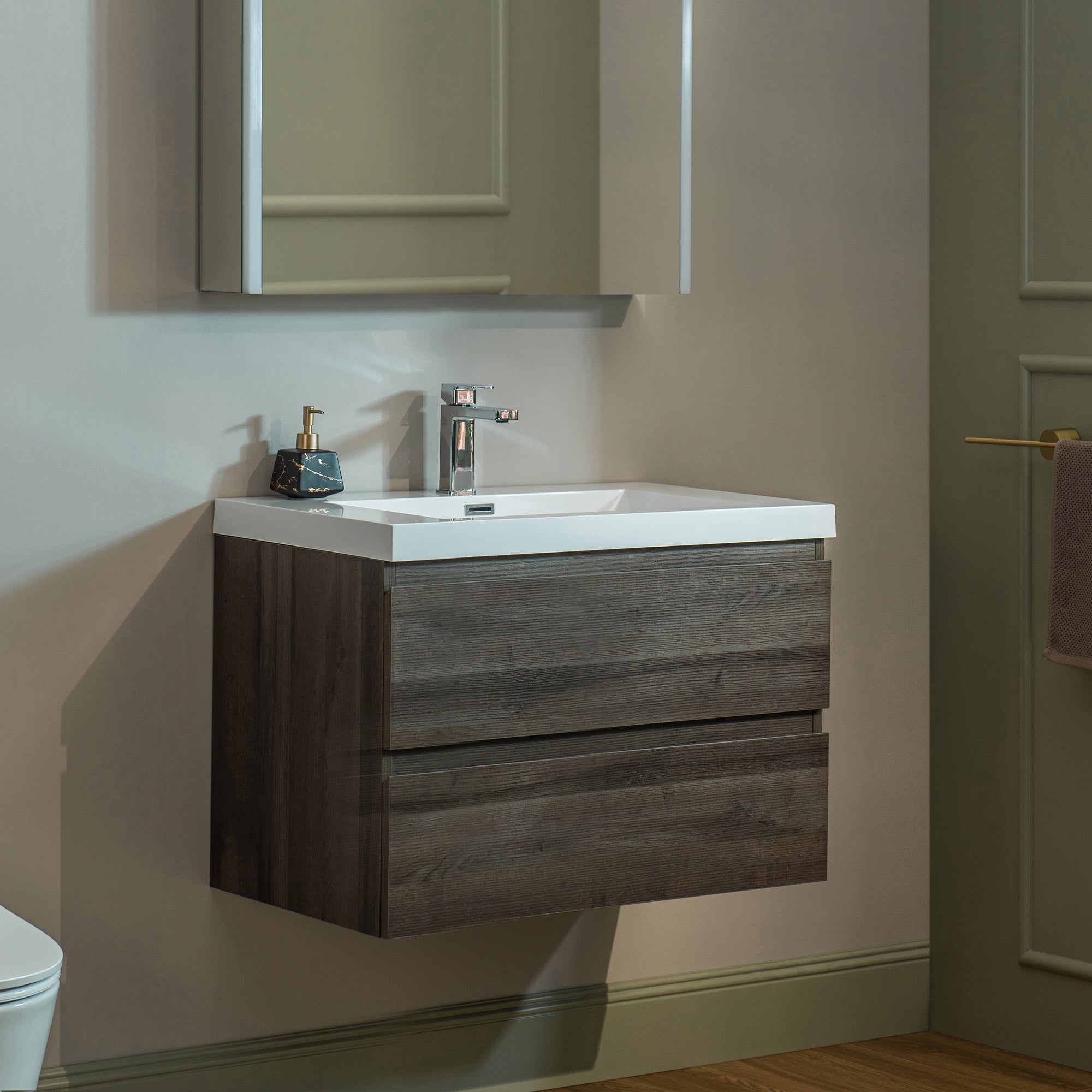 WOODBRIDGE 23-5/8 in. W x 19-5/8 in. D Wall Mounted Floating Vanity in Grey Oak with Resin Composite Vanity Top in Glossy White