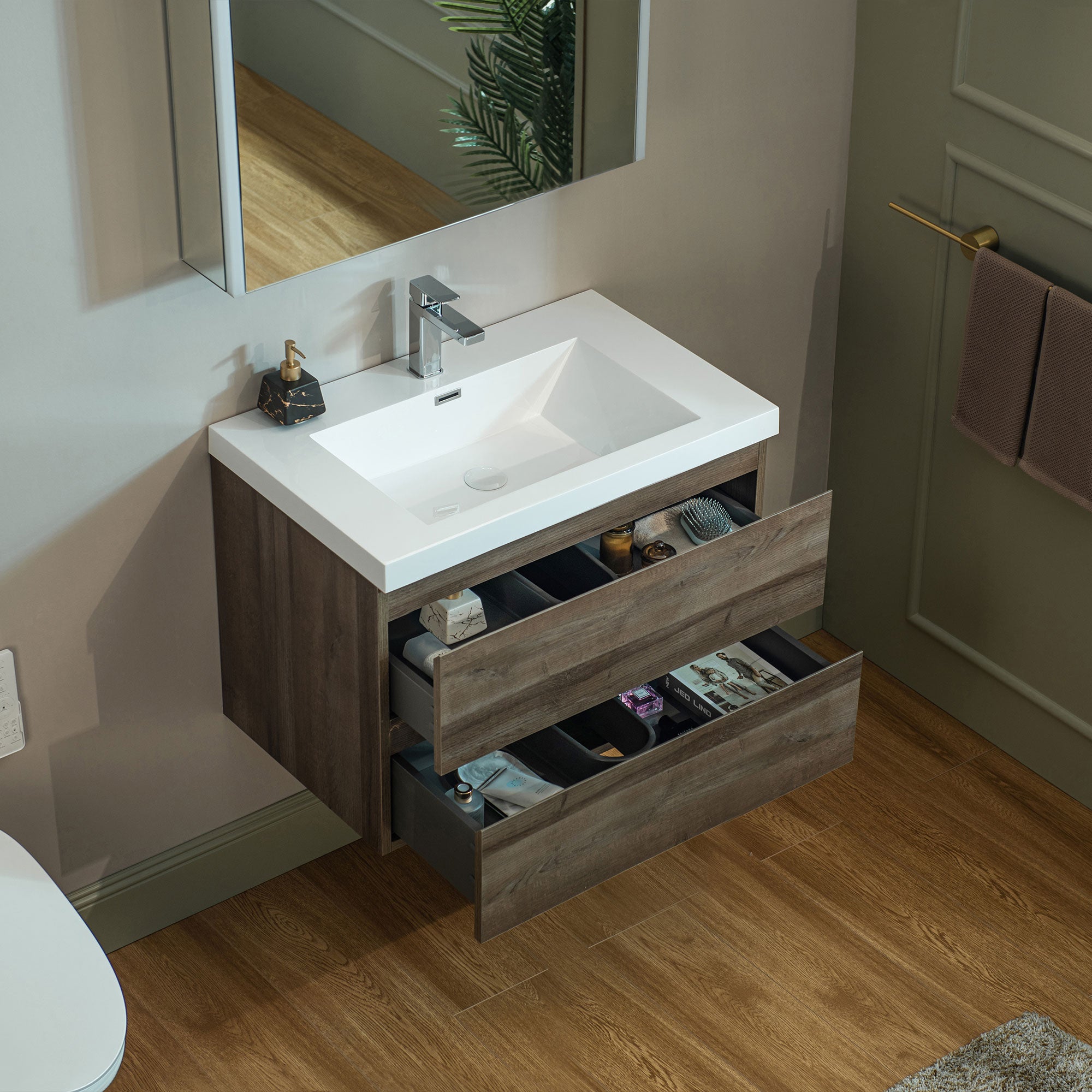WOODBRIDGE 23-5/8 in. W x 19-5/8 in. D Wall Mounted Floating Vanity in Grey Oak with Resin Composite Vanity Top in Glossy White