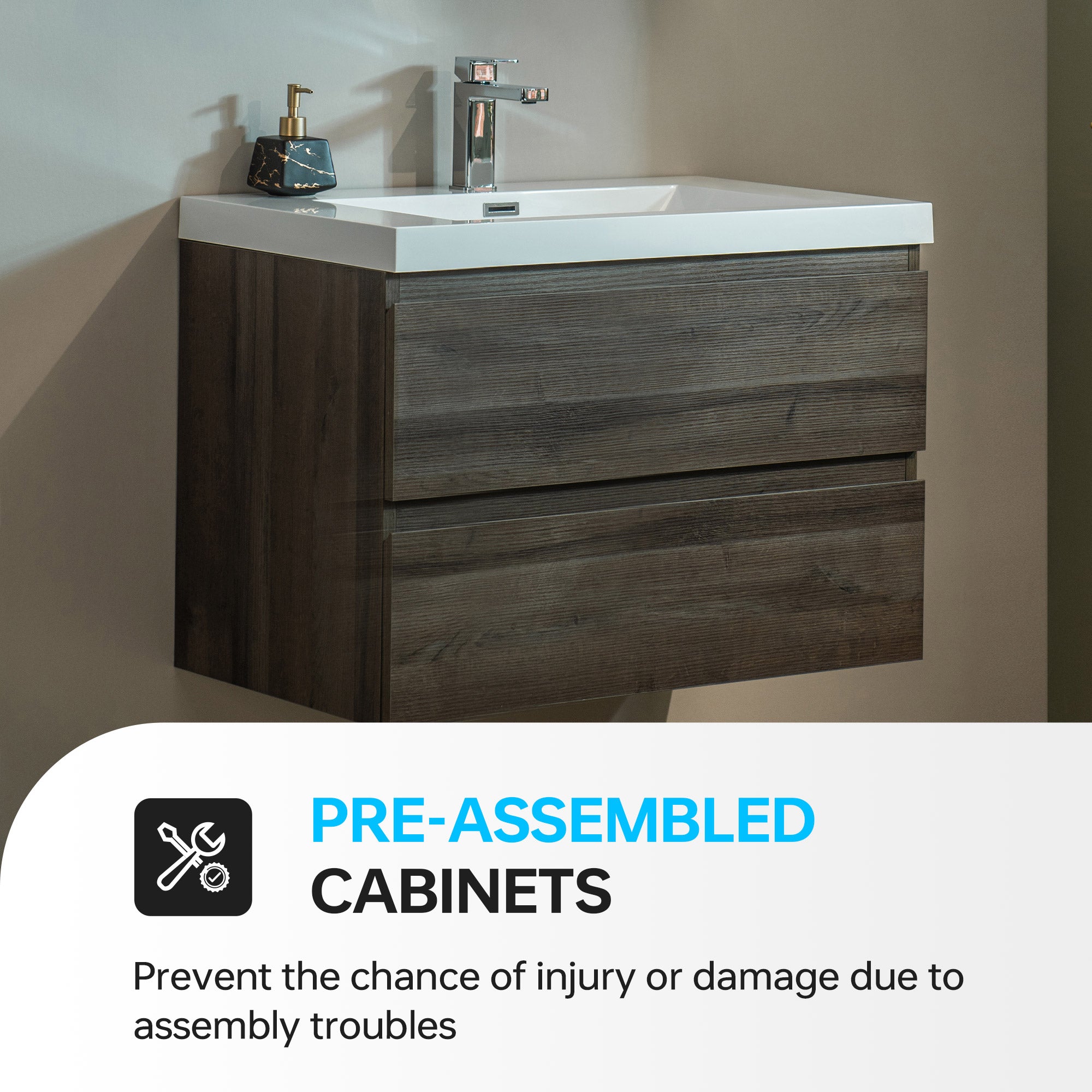 WOODBRIDGE 23-5/8 in. W x 19-5/8 in. D Wall Mounted Floating Vanity in Grey Oak with Resin Composite Vanity Top in Glossy White