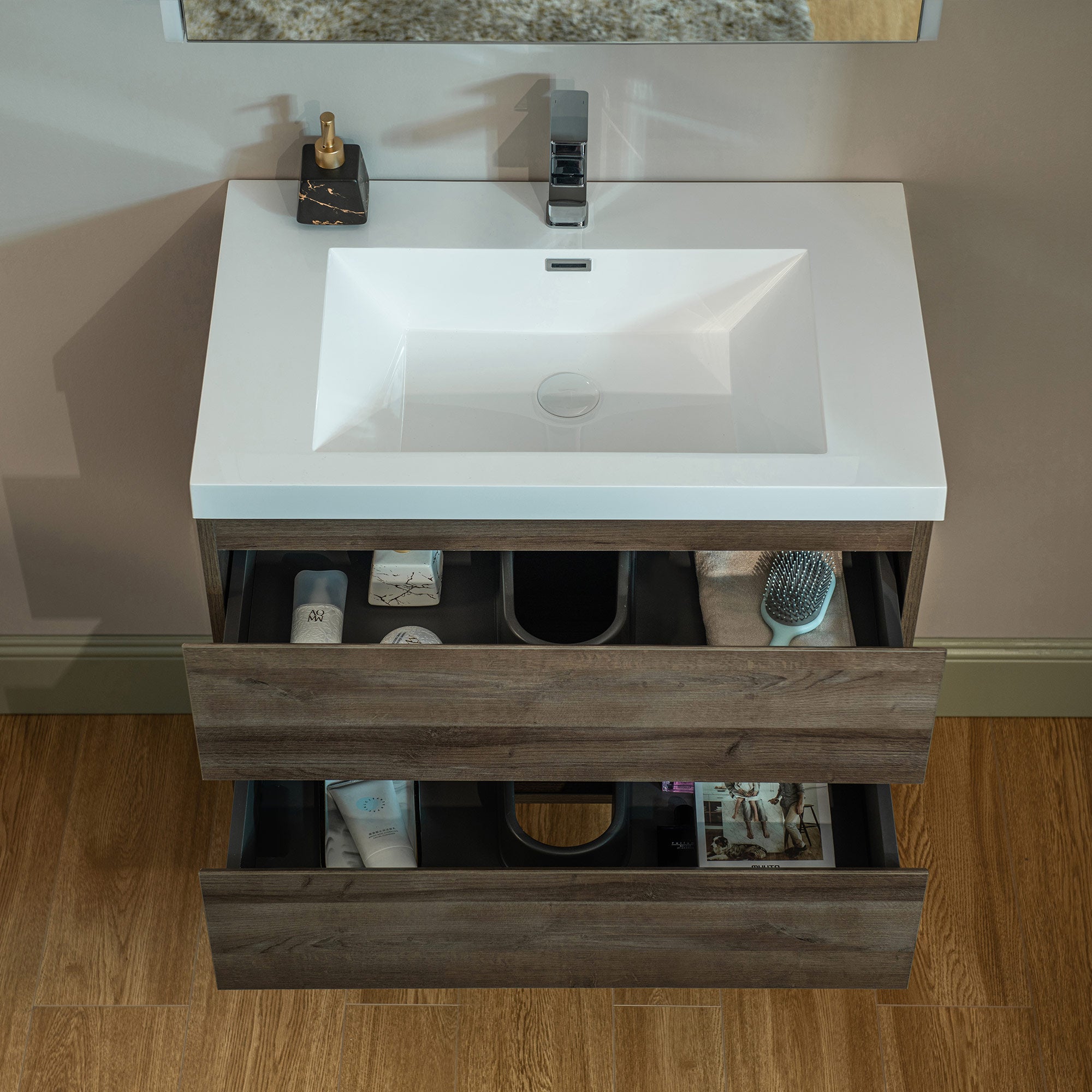 WOODBRIDGE 23-5/8 in. W x 19-5/8 in. D Wall Mounted Floating Vanity in Grey Oak with Resin Composite Vanity Top in Glossy White