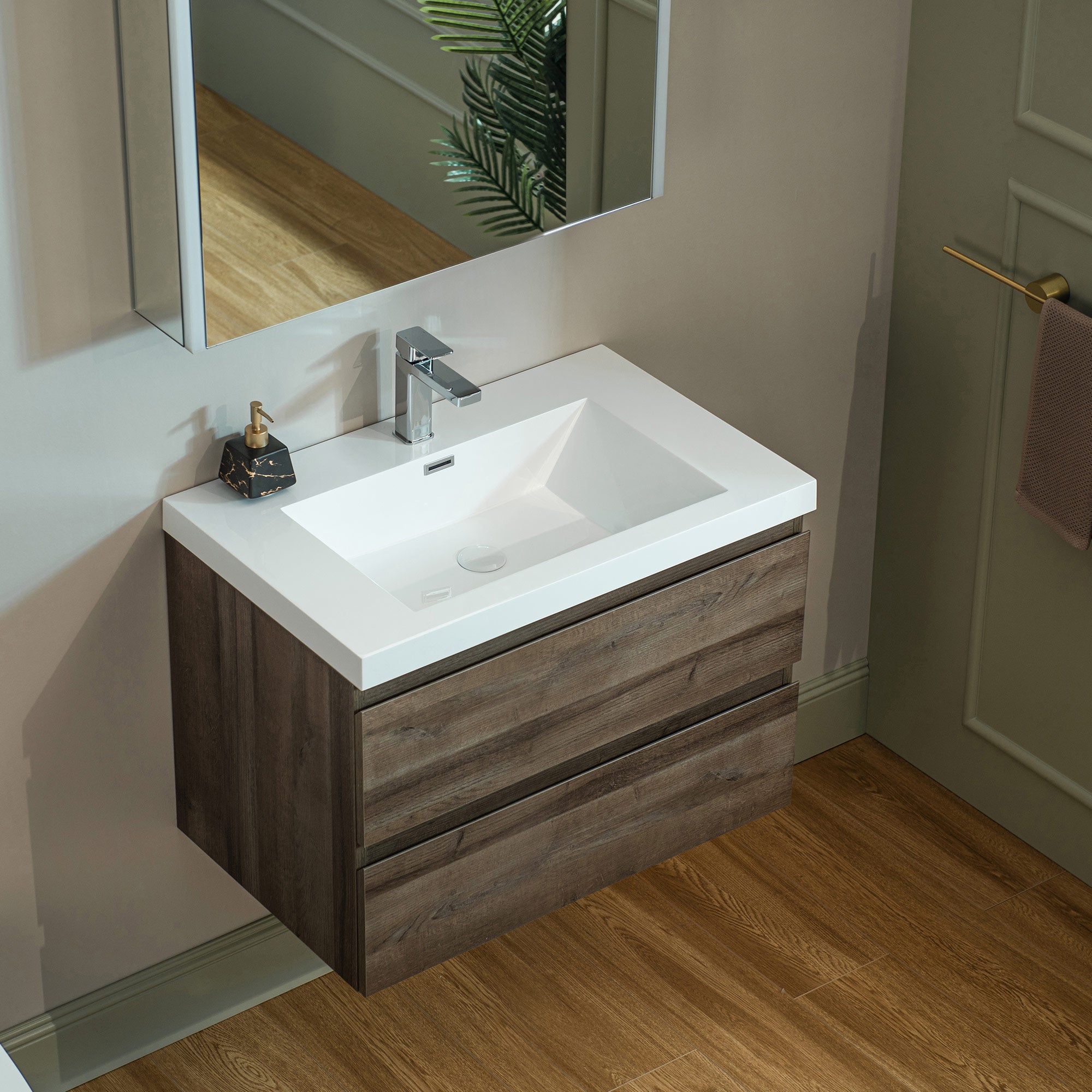 WOODBRIDGE 23-5/8 in. W x 19-5/8 in. D Wall Mounted Floating Vanity in Grey Oak with Resin Composite Vanity Top in Glossy White