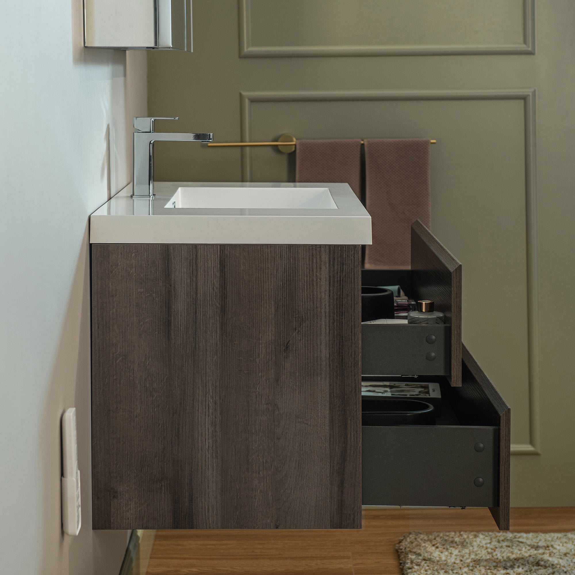 WOODBRIDGE 23-5/8 in. W x 19-5/8 in. D Wall Mounted Floating Vanity in Grey Oak with Resin Composite Vanity Top in Glossy White