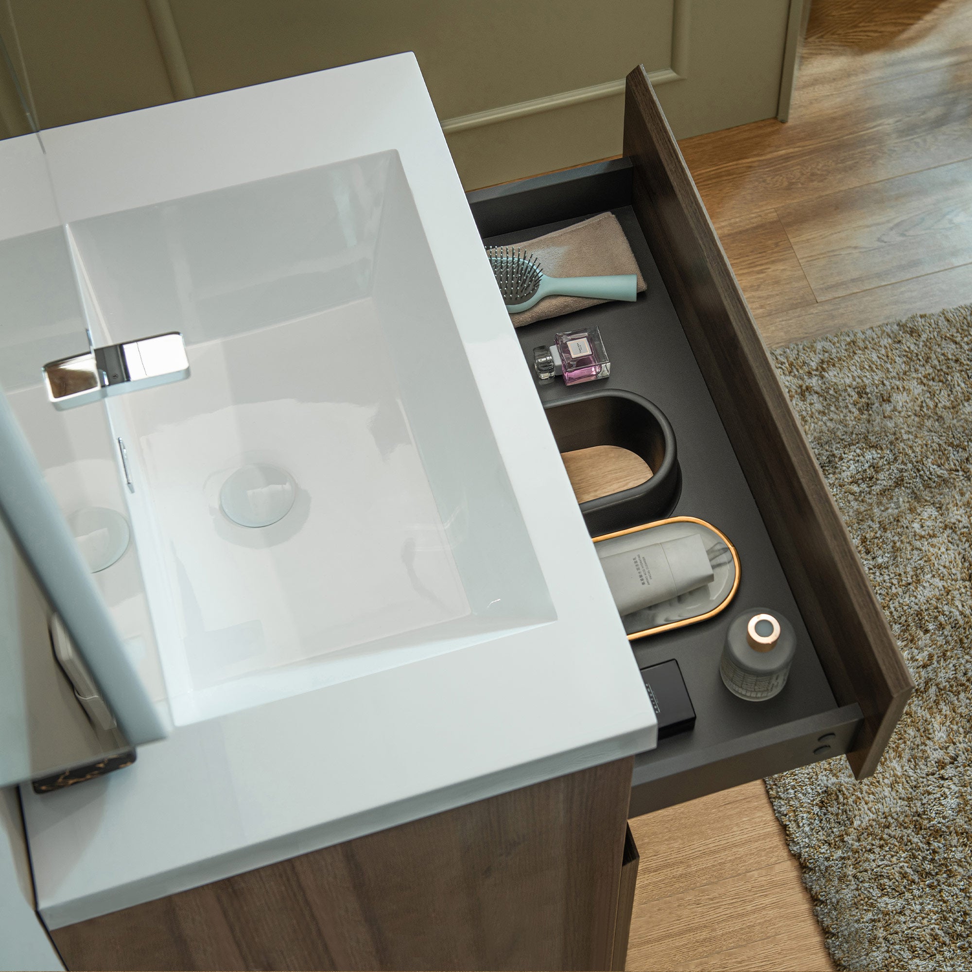 WOODBRIDGE 23-5/8 in. W x 19-5/8 in. D Wall Mounted Floating Vanity in Grey Oak with Resin Composite Vanity Top in Glossy White
