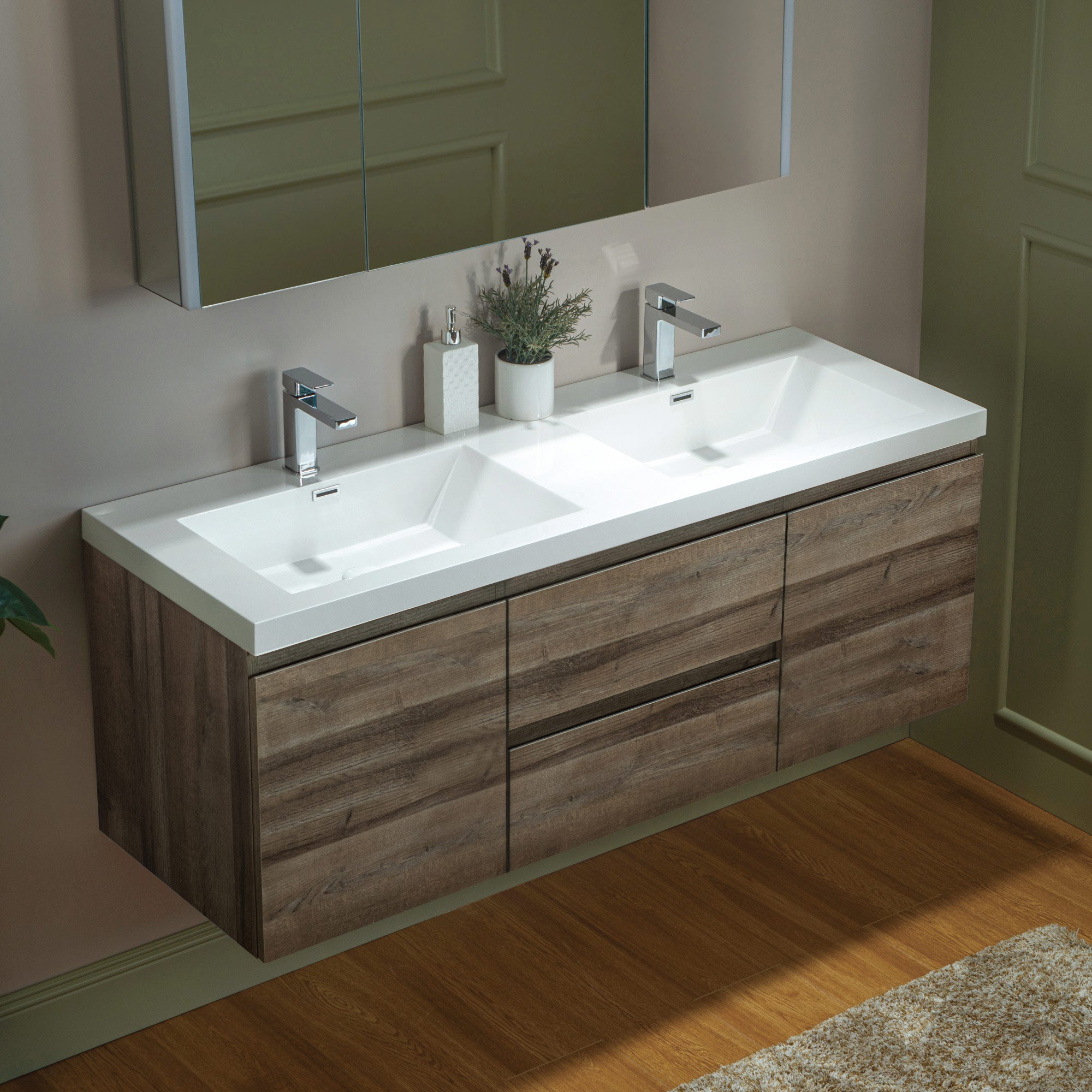 WOODBRIDGE 23-5/8 in. W x 19-5/8 in. D Wall Mounted Floating Vanity in Grey Oak with Resin Composite Vanity Top in Glossy White