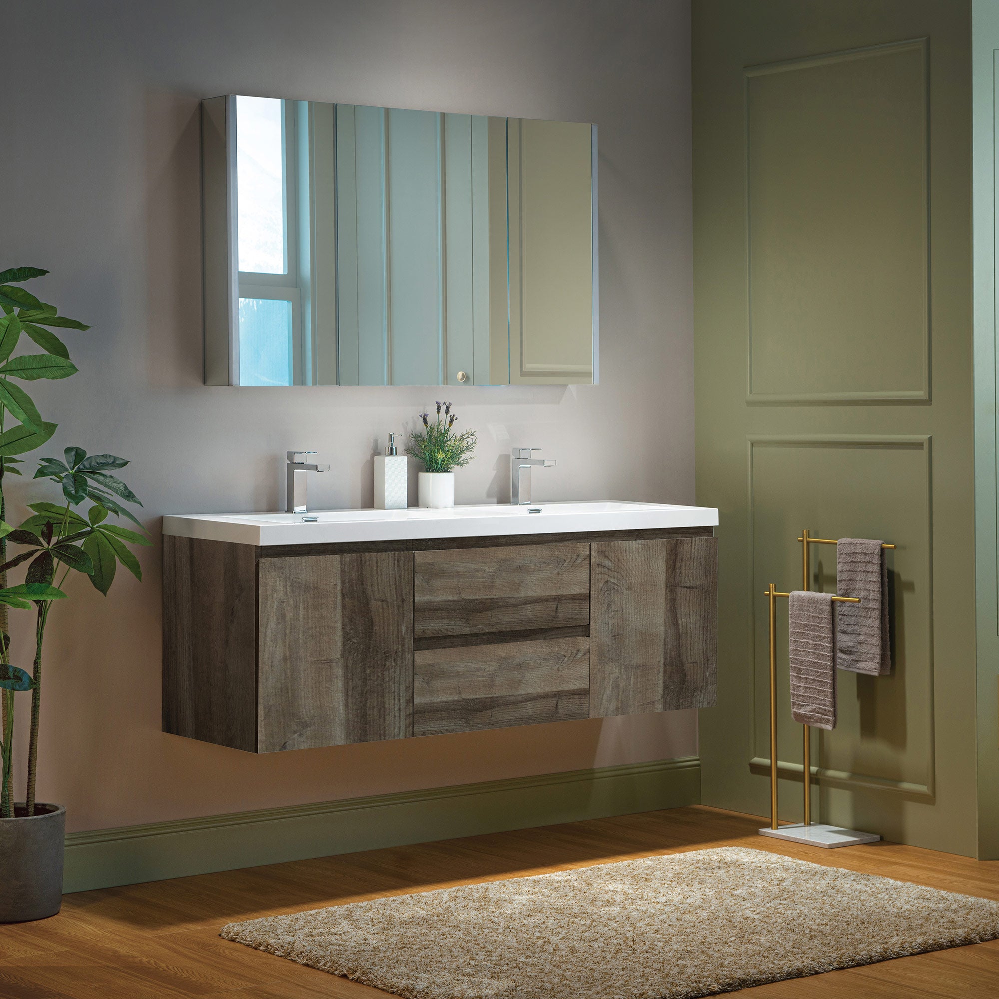 WOODBRIDGE 23-5/8 in. W x 19-5/8 in. D Wall Mounted Floating Vanity in Grey Oak with Resin Composite Vanity Top in Glossy White