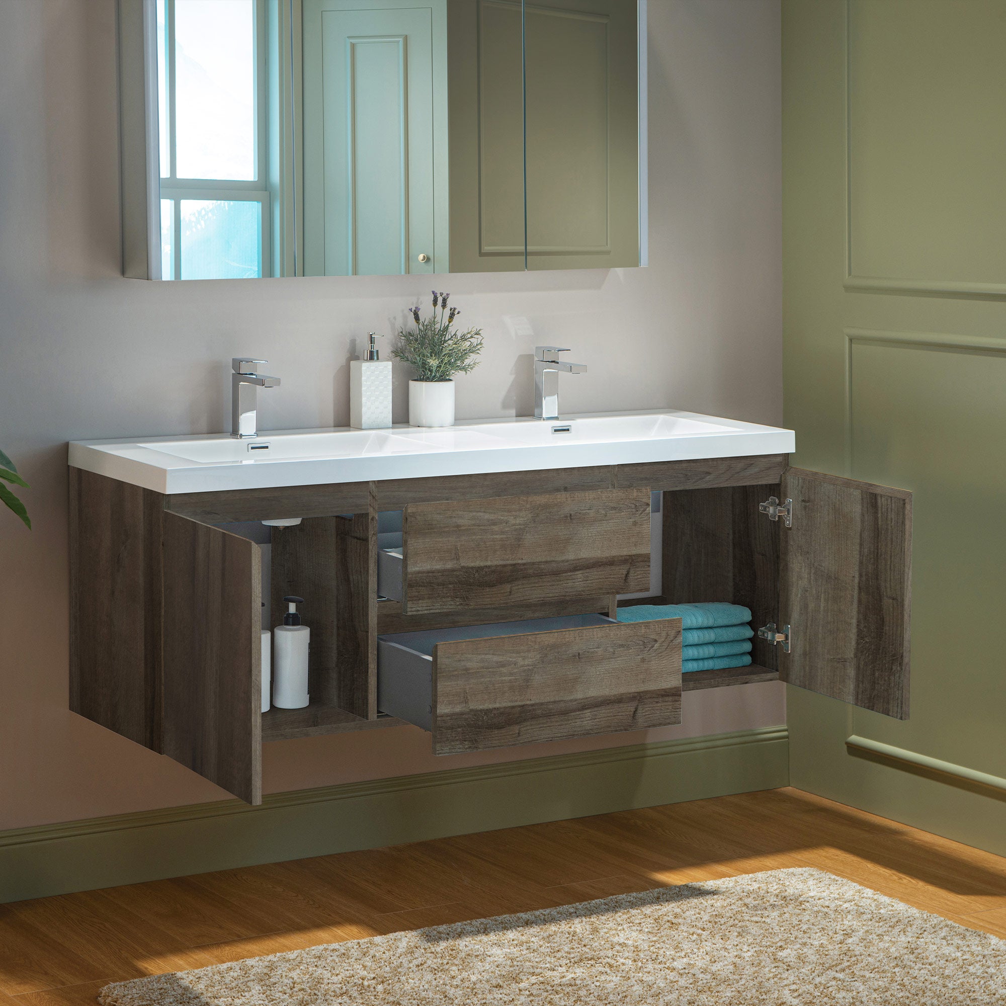 WOODBRIDGE 23-5/8 in. W x 19-5/8 in. D Wall Mounted Floating Vanity in Grey Oak with Resin Composite Vanity Top in Glossy White