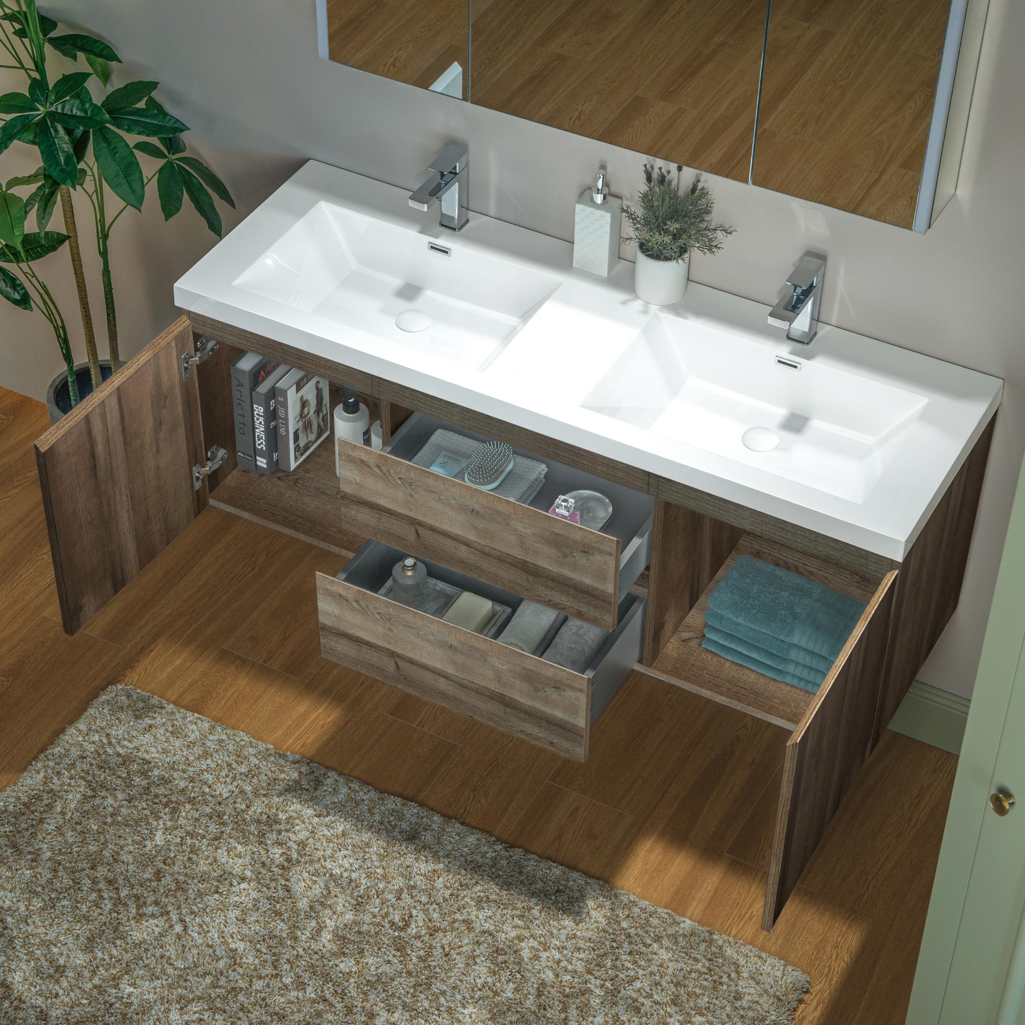 WOODBRIDGE 23-5/8 in. W x 19-5/8 in. D Wall Mounted Floating Vanity in Grey Oak with Resin Composite Vanity Top in Glossy White