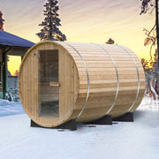 WOODBRIDGE 4-Person Luxury Finland thermo Pine Outdoor Barrel Sauna with half View Window,Harvia Electric Heater with Sauna Stone, Sauna accessories Kit and Asphalt Shingle Roof, 4'x6'