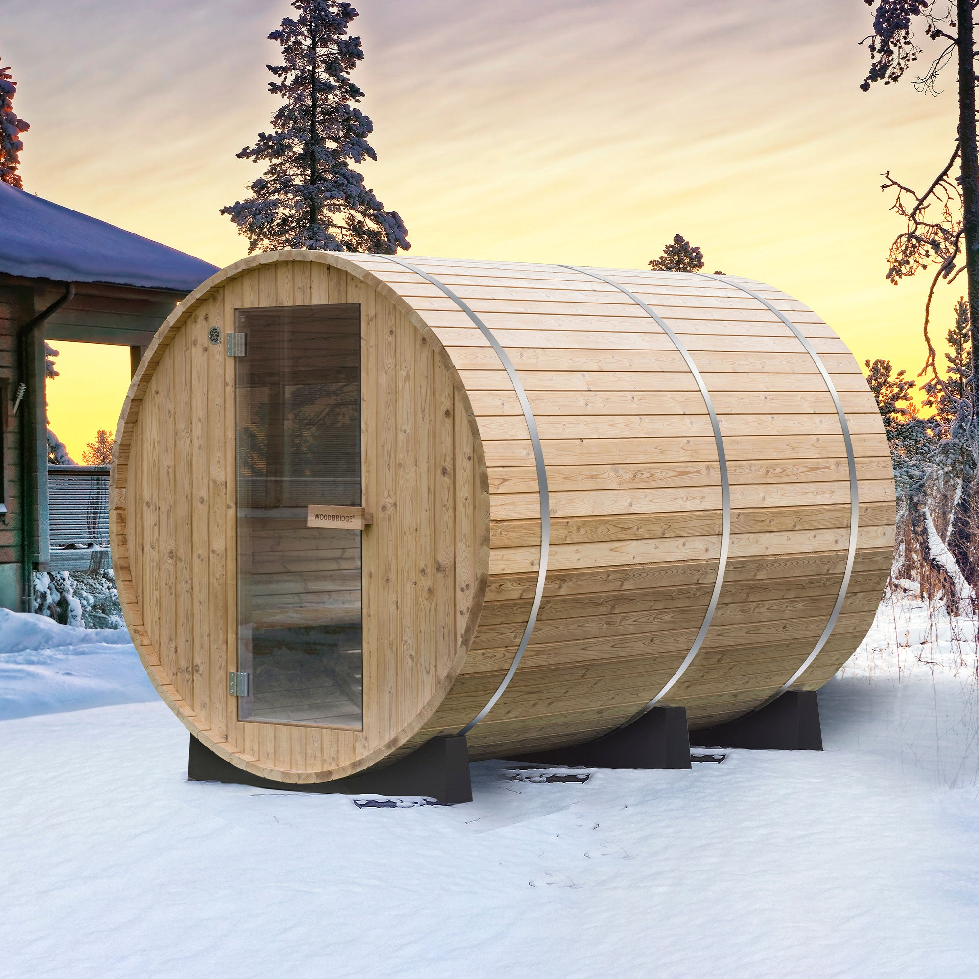WOODBRIDGE 4-Person Luxury Finland thermo Pine Outdoor Barrel Sauna with half View Window,Harvia Electric Heater with Sauna Stone, Sauna accessories Kit and Asphalt Shingle Roof, 4'x6'
