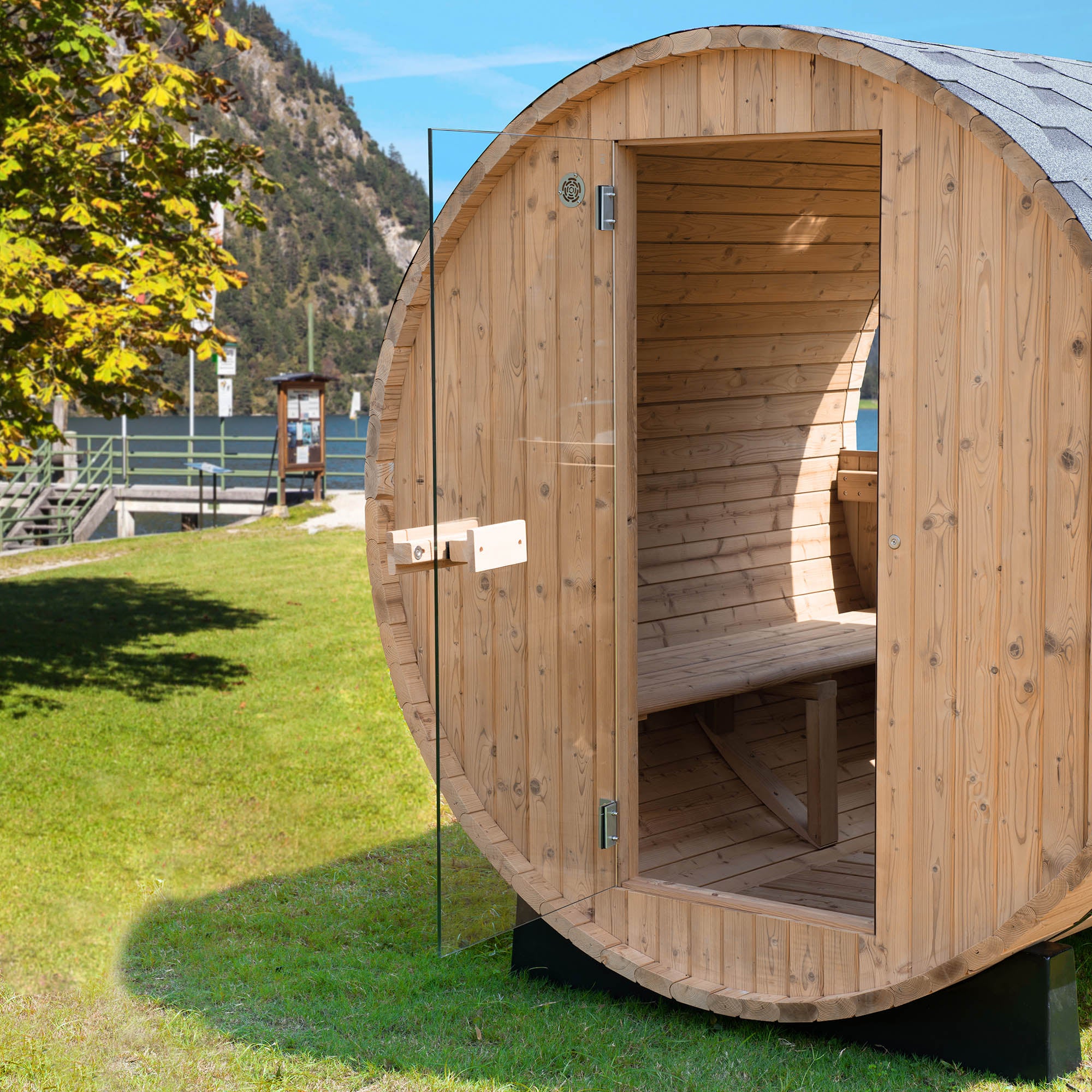 WOODBRIDGE 4-Person Luxury Finland thermo Pine Outdoor Barrel Sauna with half View Window,Harvia Electric Heater with Sauna Stone, Sauna accessories Kit and Asphalt Shingle Roof, 4'x6'