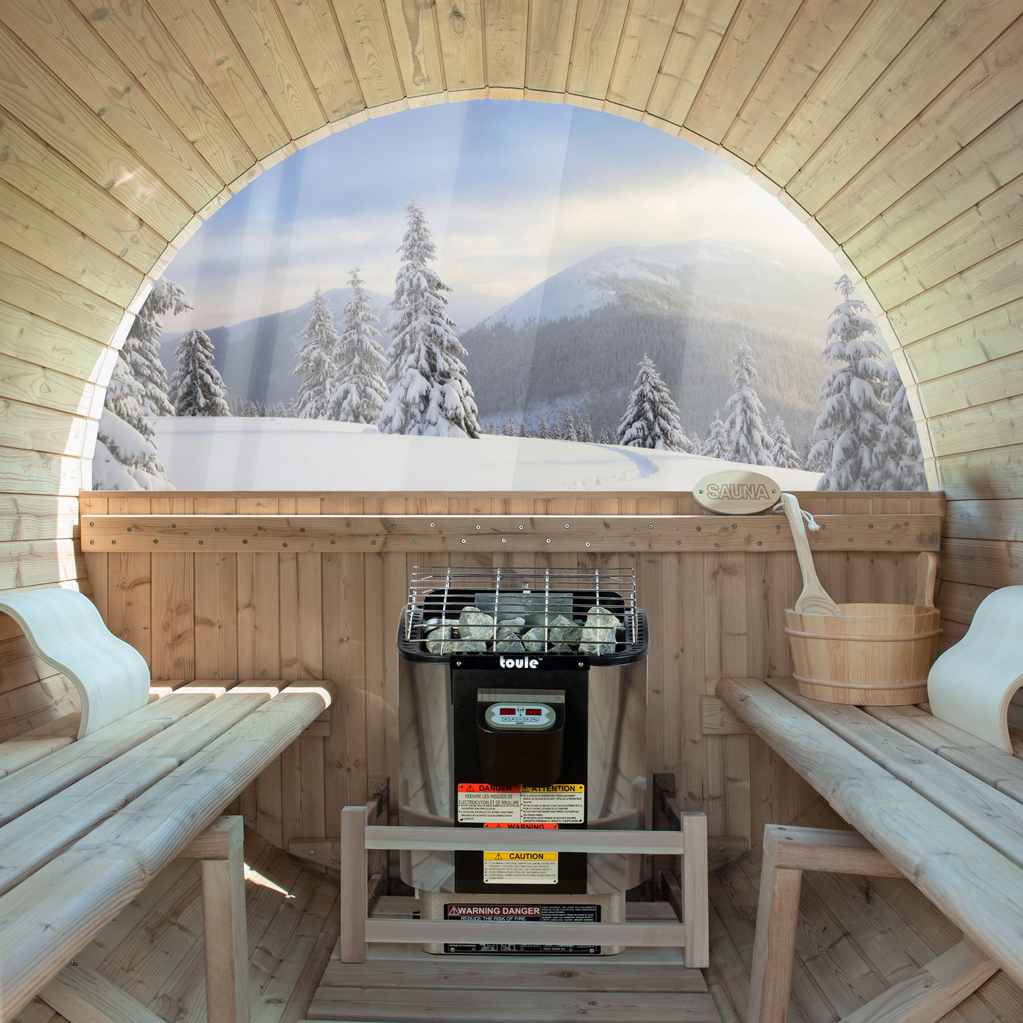 WOODBRIDGE 4-Person Luxury Finland thermo Pine Outdoor Barrel Sauna with half View Window,Harvia Electric Heater with Sauna Stone, Sauna accessories Kit and Asphalt Shingle Roof, 4'x6'