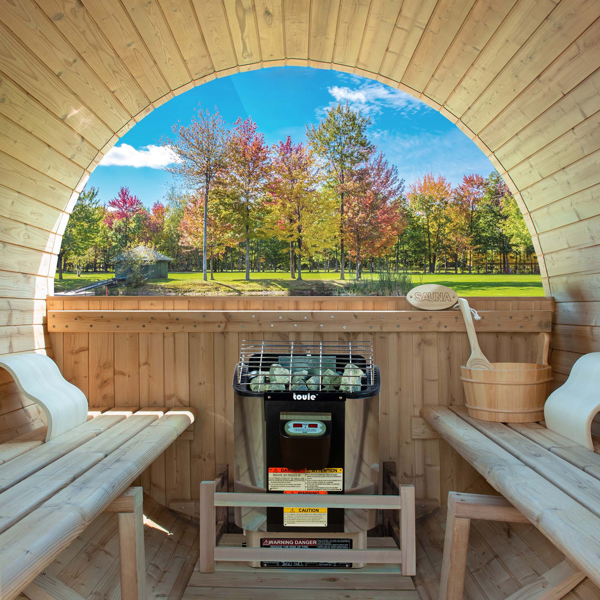 WOODBRIDGE 4-Person Luxury Finland thermo Pine Outdoor Barrel Sauna with half View Window,Harvia Electric Heater with Sauna Stone, Sauna accessories Kit and Asphalt Shingle Roof, 4'x6'