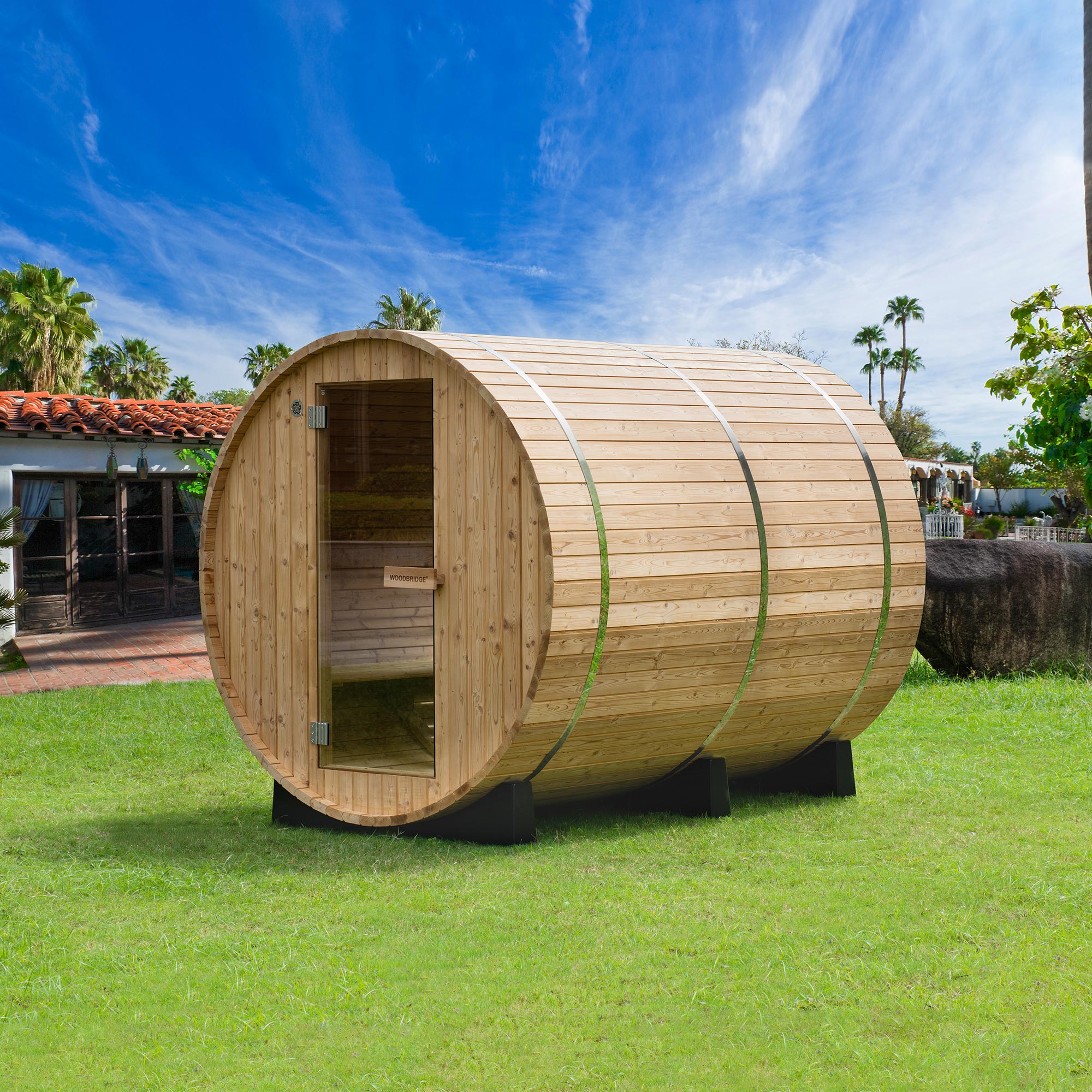 WOODBRIDGE 4-Person Luxury Finland thermo Pine Outdoor Barrel Sauna with half View Window,Harvia Electric Heater with Sauna Stone, Sauna accessories Kit and Asphalt Shingle Roof, 4'x6'