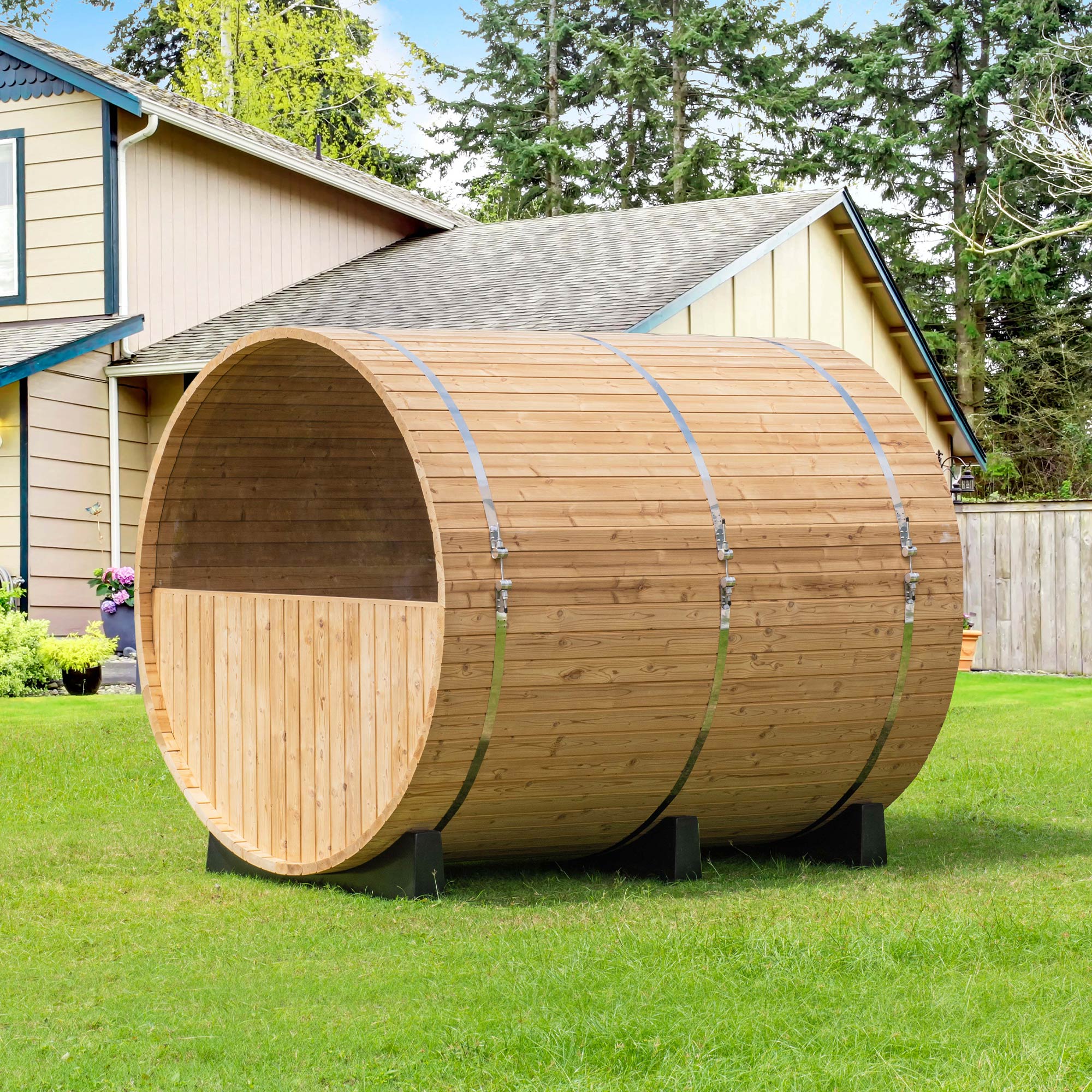WOODBRIDGE 4-Person Luxury Finland thermo Pine Outdoor Barrel Sauna with half View Window,Harvia Electric Heater with Sauna Stone, Sauna accessories Kit and Asphalt Shingle Roof, 4'x6'