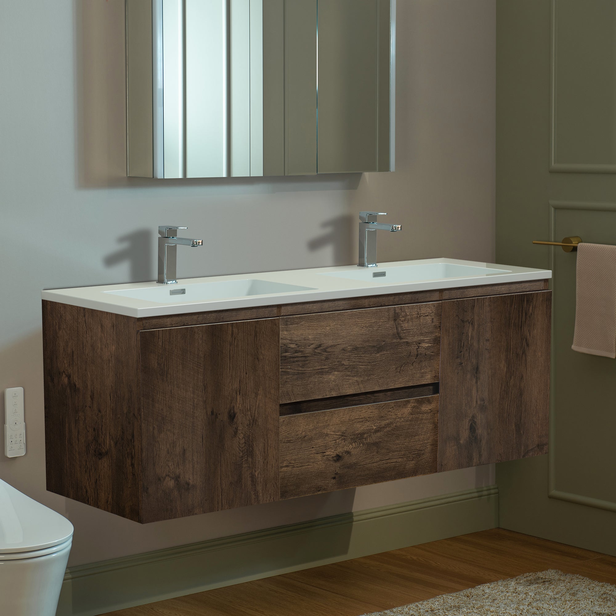 WOODBRIDGE 23-5/8 in. W x 19-5/8 in. D Wall Mounted Floating Vanity in Rose Wood with Resin Composite Vanity Top in Glossy White
