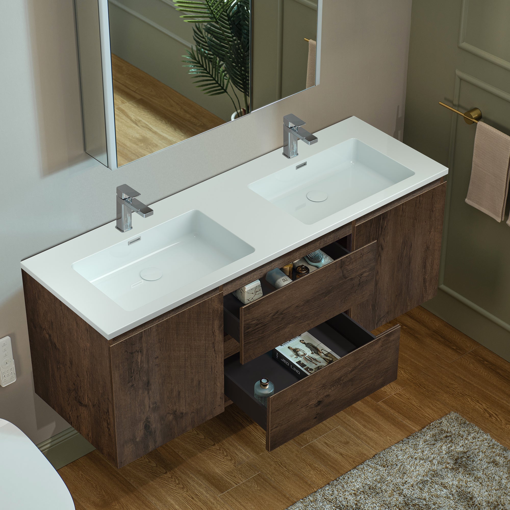 WOODBRIDGE 23-5/8 in. W x 19-5/8 in. D Wall Mounted Floating Vanity in Rose Wood with Resin Composite Vanity Top in Glossy White