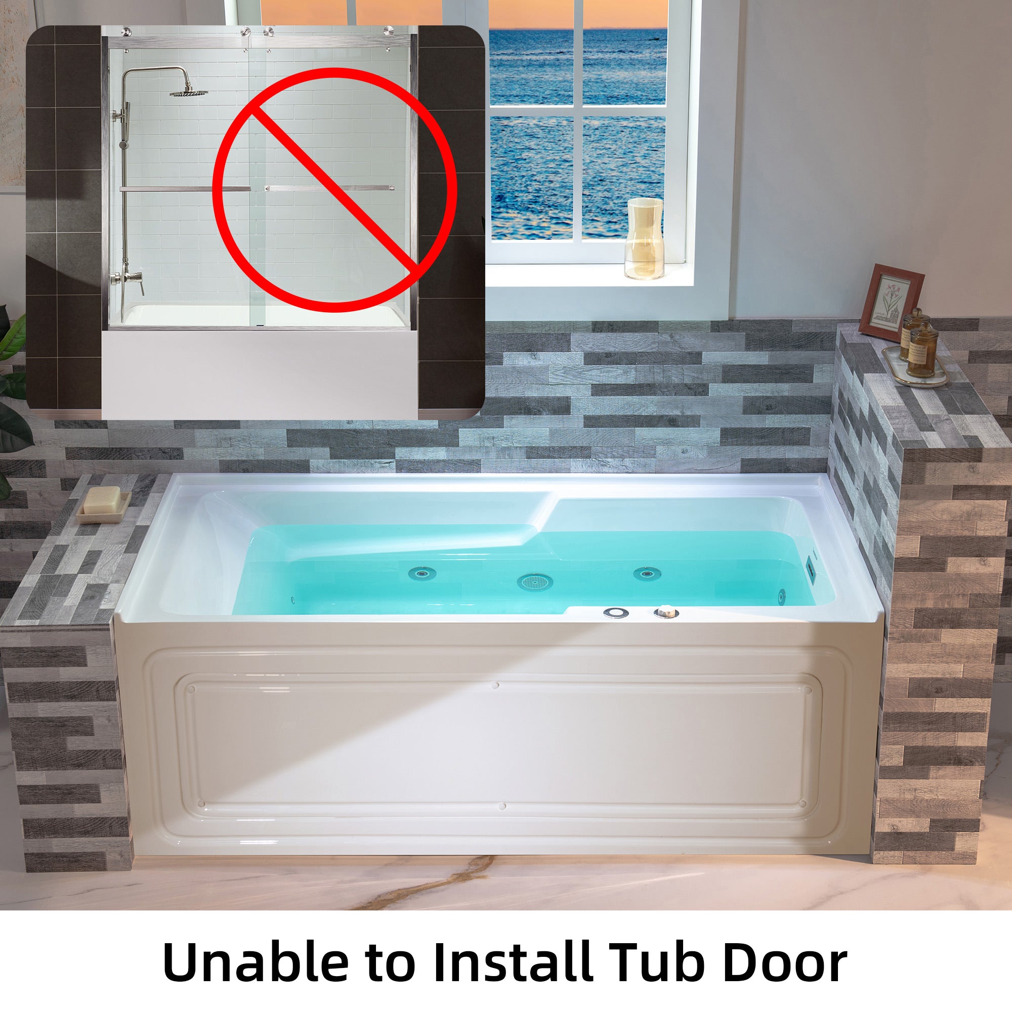 WOODBRIDGE 60" Alcove Acrylic Rectangular Whirlpool Heated Jetted Tub in White with Right Drain