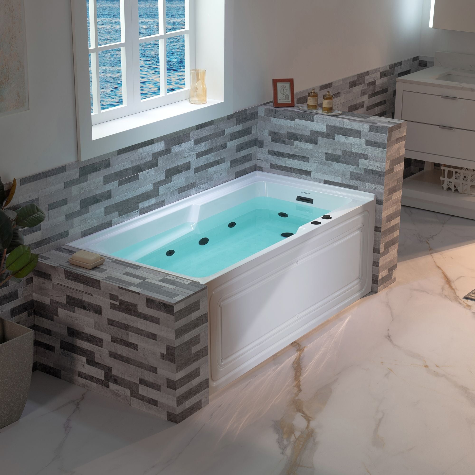 WOODBRIDGE 60" Alcove Acrylic Rectangular Whirlpool Heated Jetted Tub in White with Right Drain, Matte Black Finish Trim and Drain Kit Included BM6030R