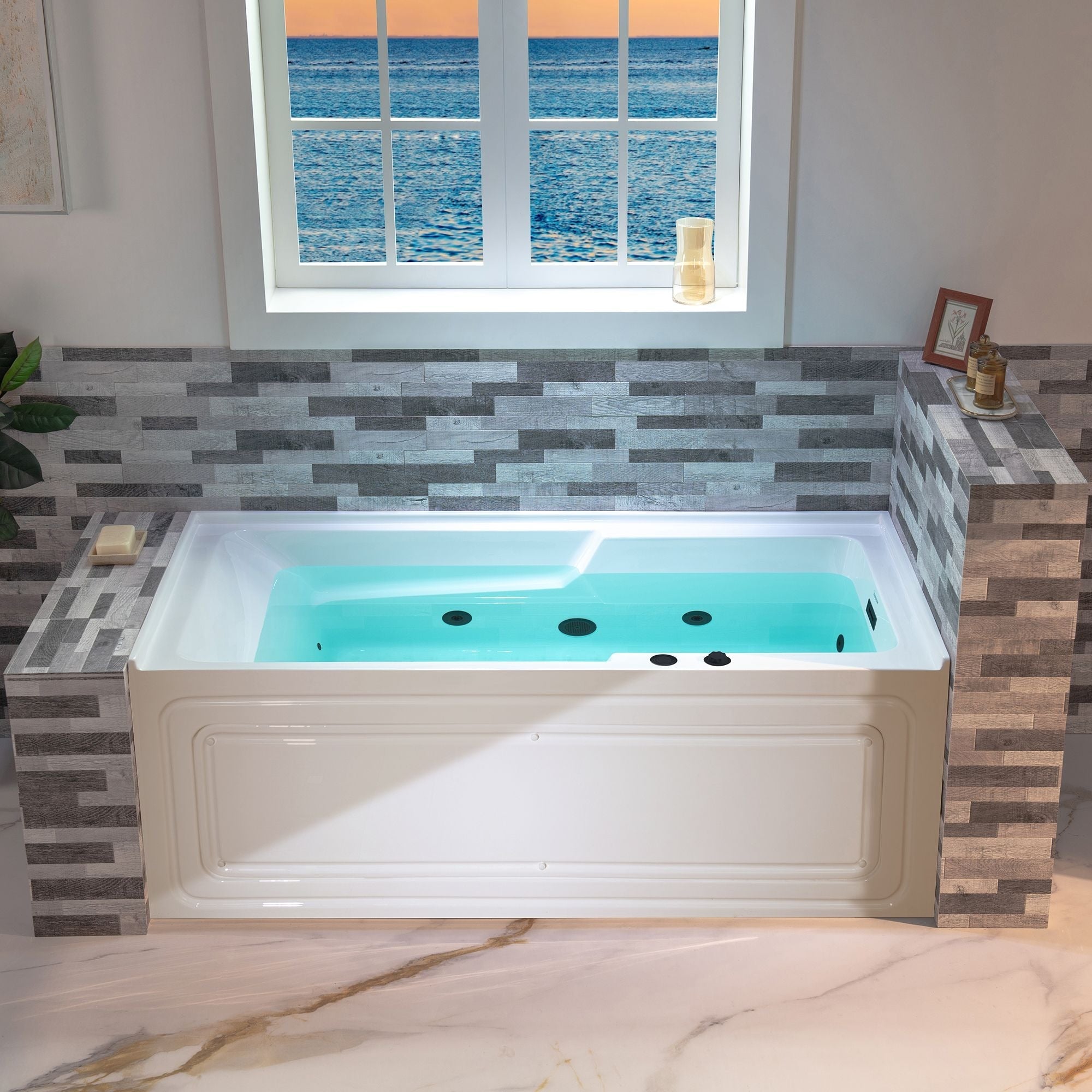 WOODBRIDGE 60" Alcove Acrylic Rectangular Whirlpool Heated Jetted Tub in White with Right Drain, Matte Black Finish Trim and Drain Kit Included BM6030R
