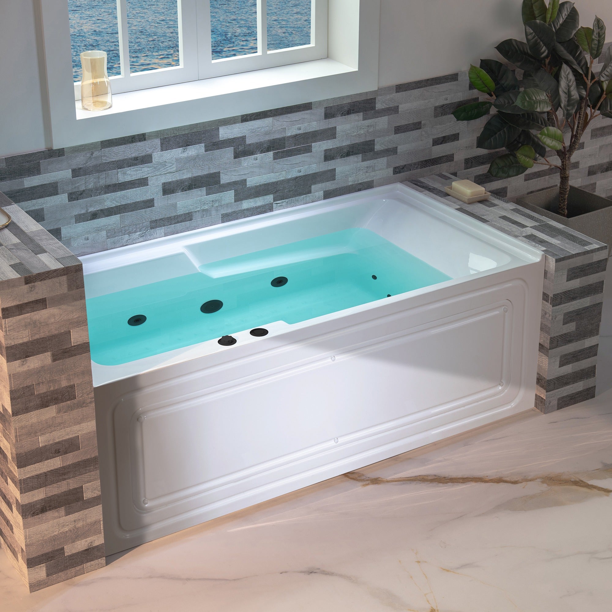 WOODBRIDGE 60" Alcove Acrylic Rectangular Whirlpool Heated Jetted Tub in White with Left Drain, Matte Black Finish Trim and Drain Kit Included BM6030L