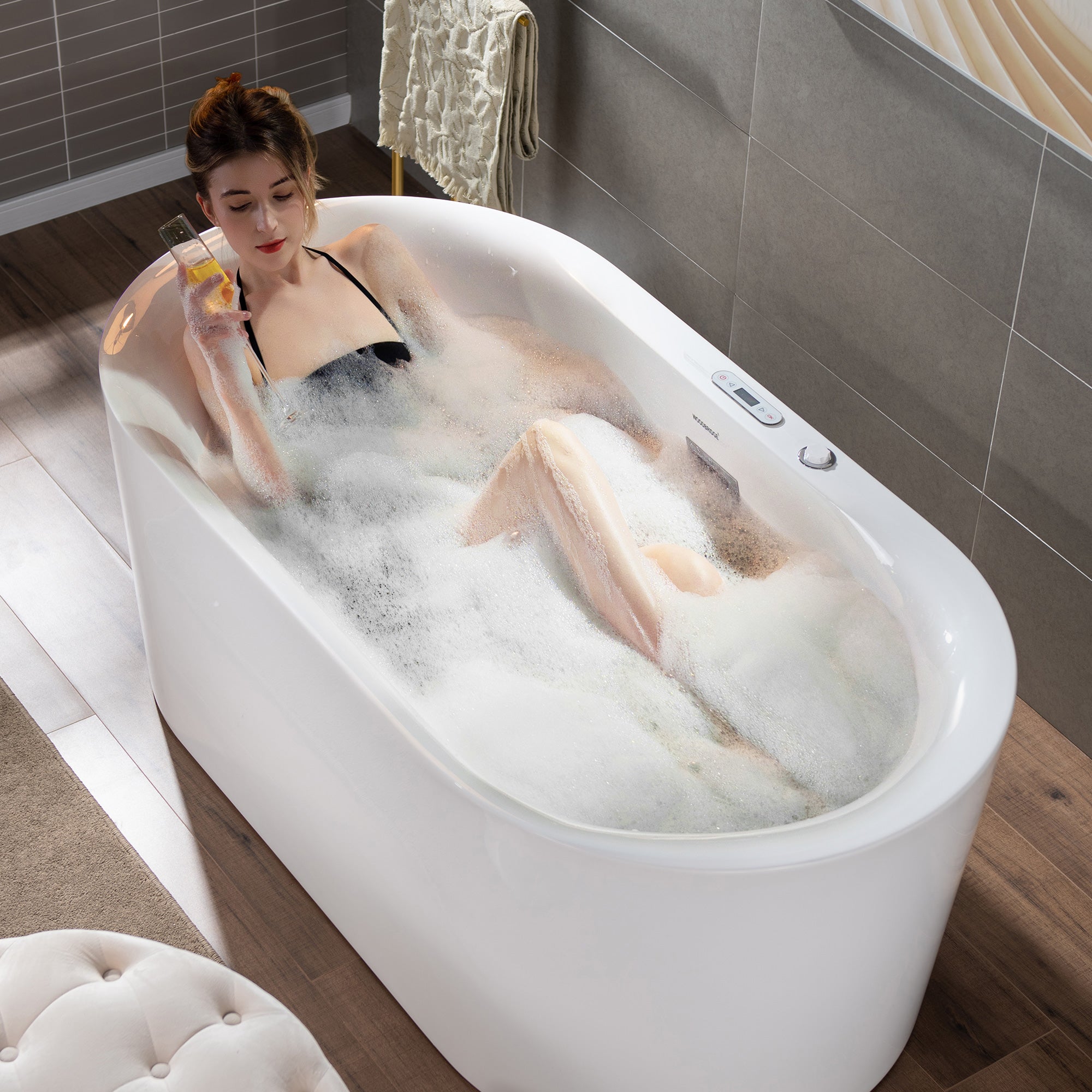 WOODBRIDGE 59" x 31-1/2" Whirlpool Water Jetted and Air Bubble Freestanding Heated Soaking Combination Bathtub with LED control panel