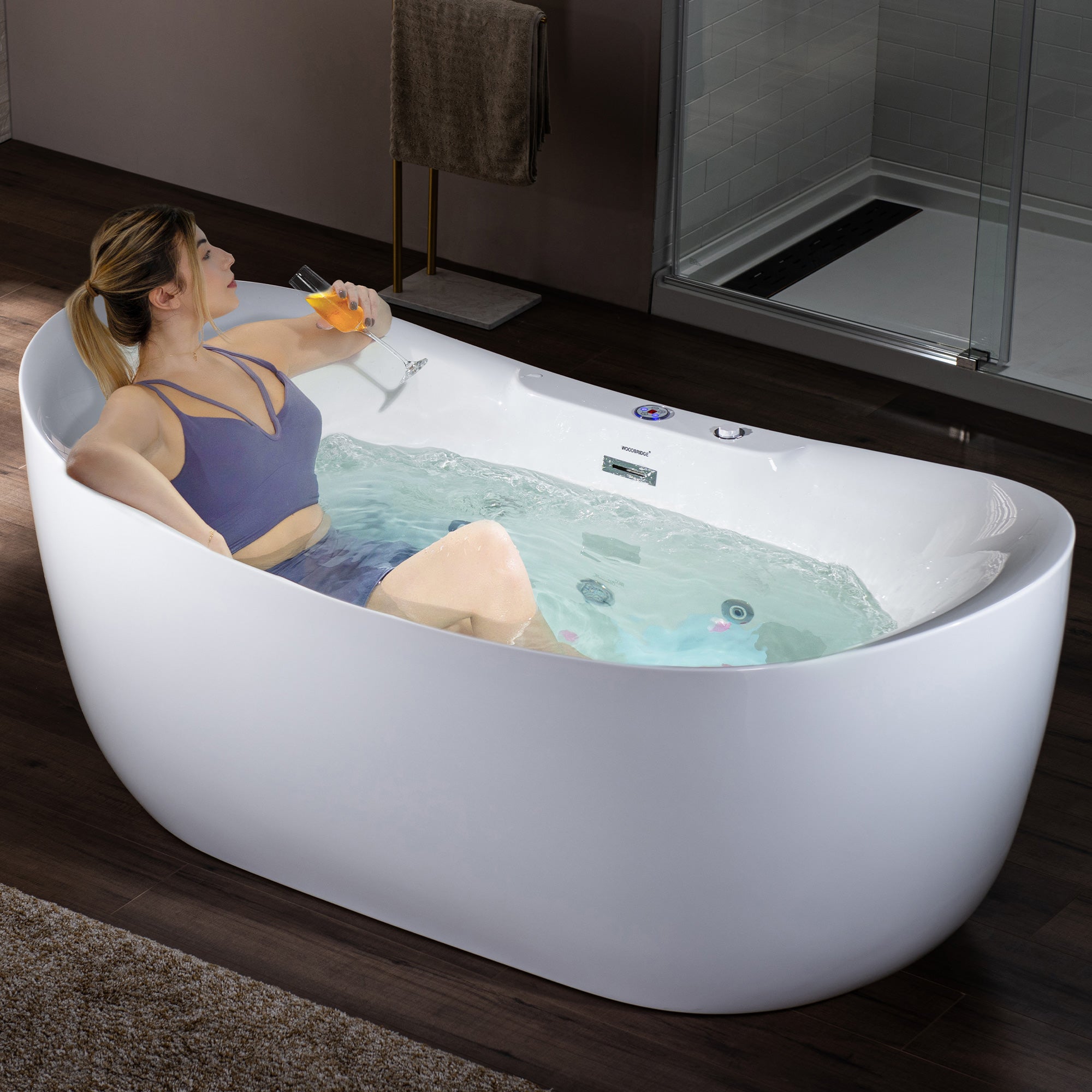 Best Seller WOODBRIDGE 72" x 35-3/8" Whirlpool Water Jetted and Air Bubble Freestanding Heated Soaking Combination Bathtub with LED control panel