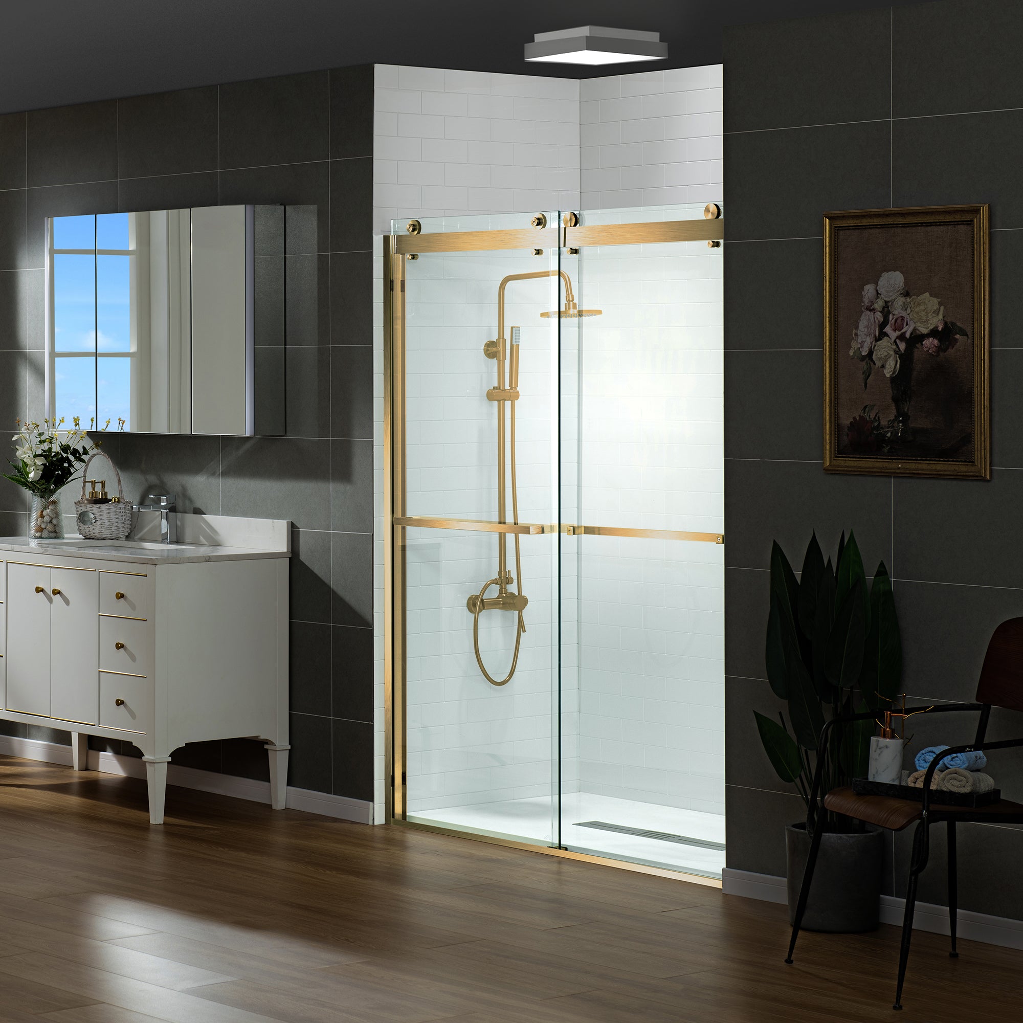 WOODBRIDGE Frameless Shower Doors 56-60" Width x 76"Height with 3/8"(10mm) Clear Tempered Glass, 2 Ways Opening & Double Sliding