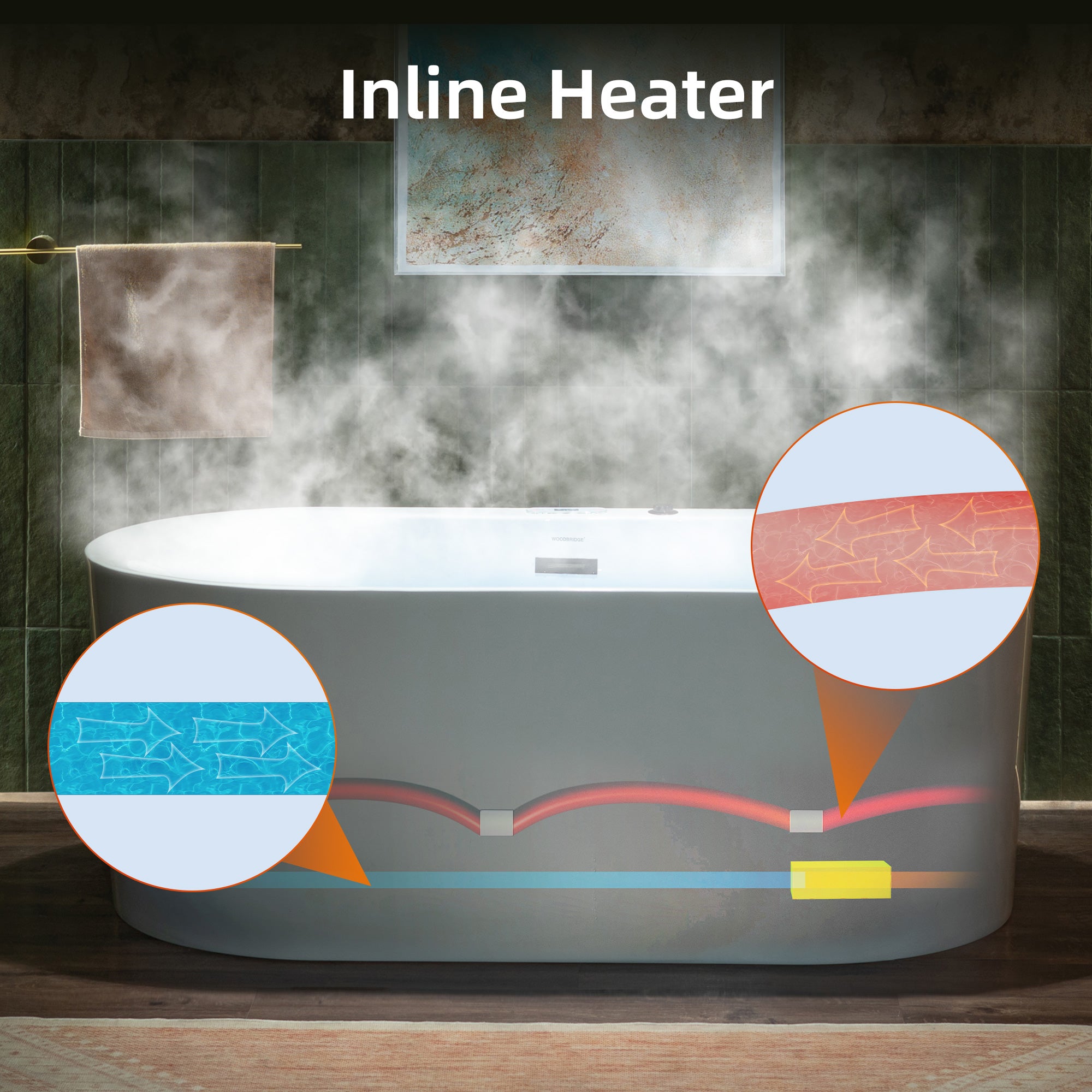 WOODBRIDGE 59" x 31-1/2" Whirlpool Water Jetted and Air Bubble Freestanding Heated Soaking Combination Bathtub with LED control panel