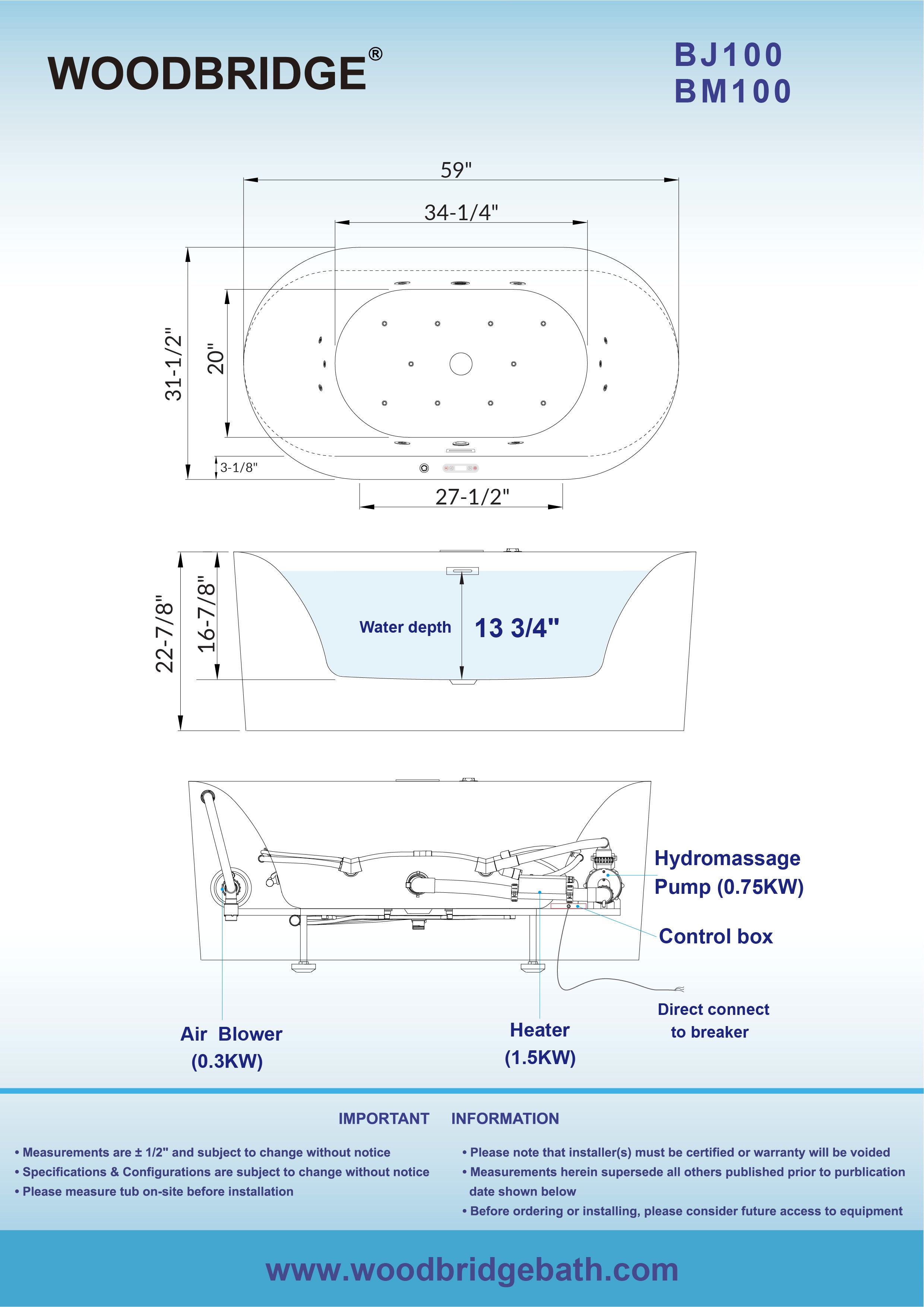 WOODBRIDGE 59" x 31-1/2" Whirlpool Water Jetted and Air Bubble Freestanding Heated Soaking Combination Bathtub with LED control panel