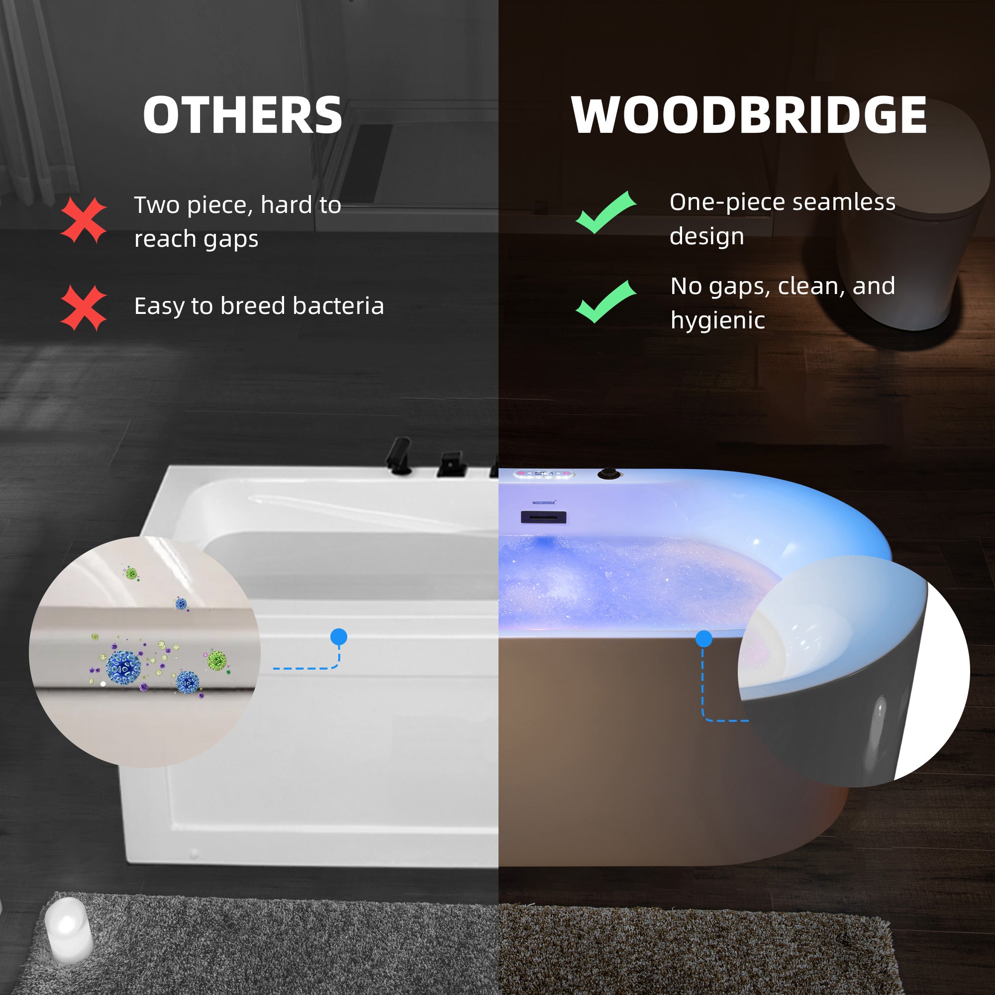 WOODBRIDGE 59" x 31-1/2" Whirlpool Water Jetted and Air Bubble Freestanding Heated Soaking Combination Bathtub with LED control panel