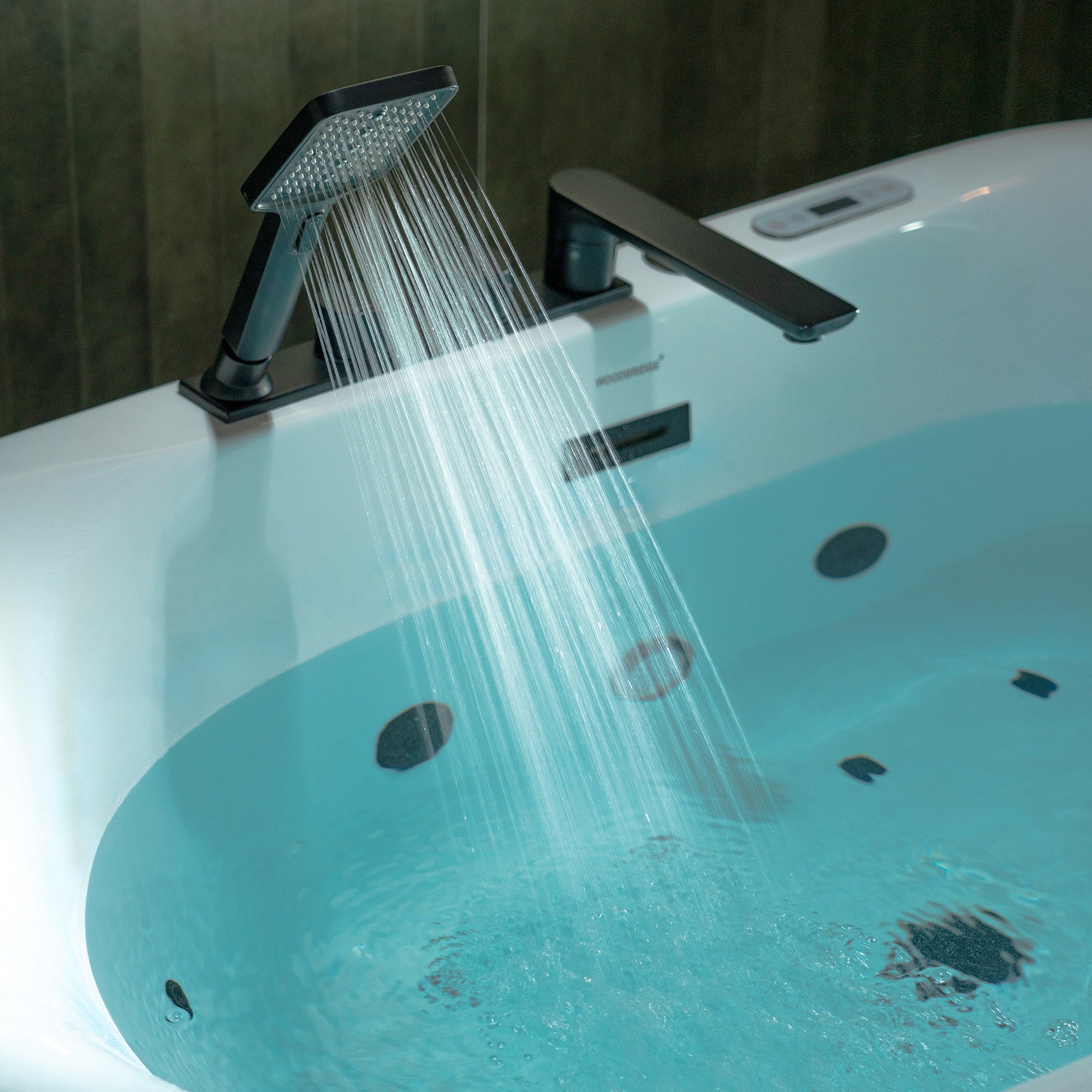 WOODBRIDGE 59" x 31-1/2" Whirlpool and Air Bath Heated Soaking Combination Tub with Adjustable Speed Air Blower, Faucet and Display Control Panel, Matte Black Finish Trim and Drain Kit