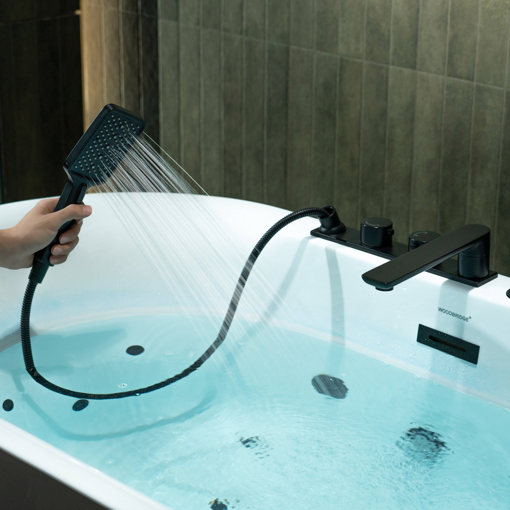 WOODBRIDGE 59" x 31-1/2" Whirlpool and Air Bath Heated Soaking Combination Tub with Adjustable Speed Air Blower, Faucet and Display Control Panel, Matte Black Finish Trim and Drain Kit