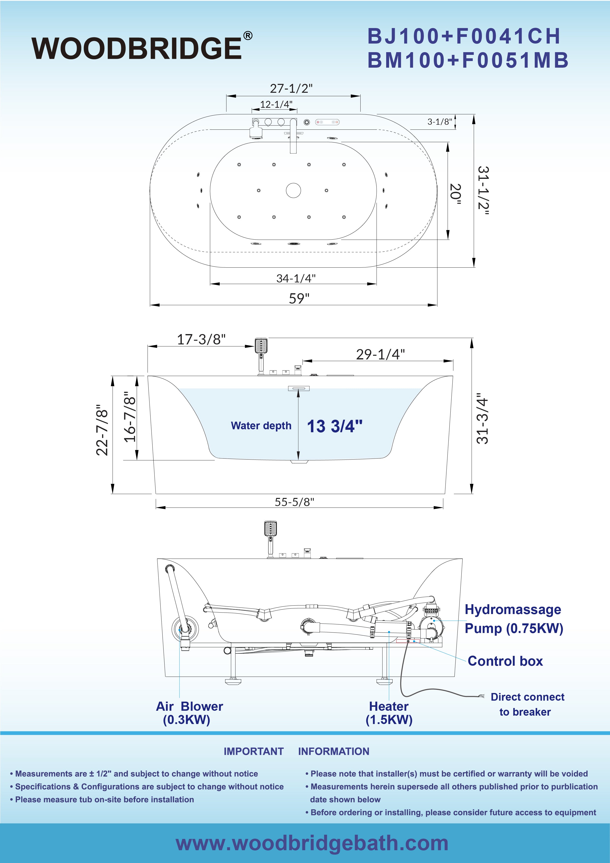 WOODBRIDGE 59" x 31-1/2" Whirlpool and Air Bath Heated Soaking Combination Tub with Adjustable Speed Air Blower, Faucet and Display Control Panel, Matte Black Finish Trim and Drain Kit
