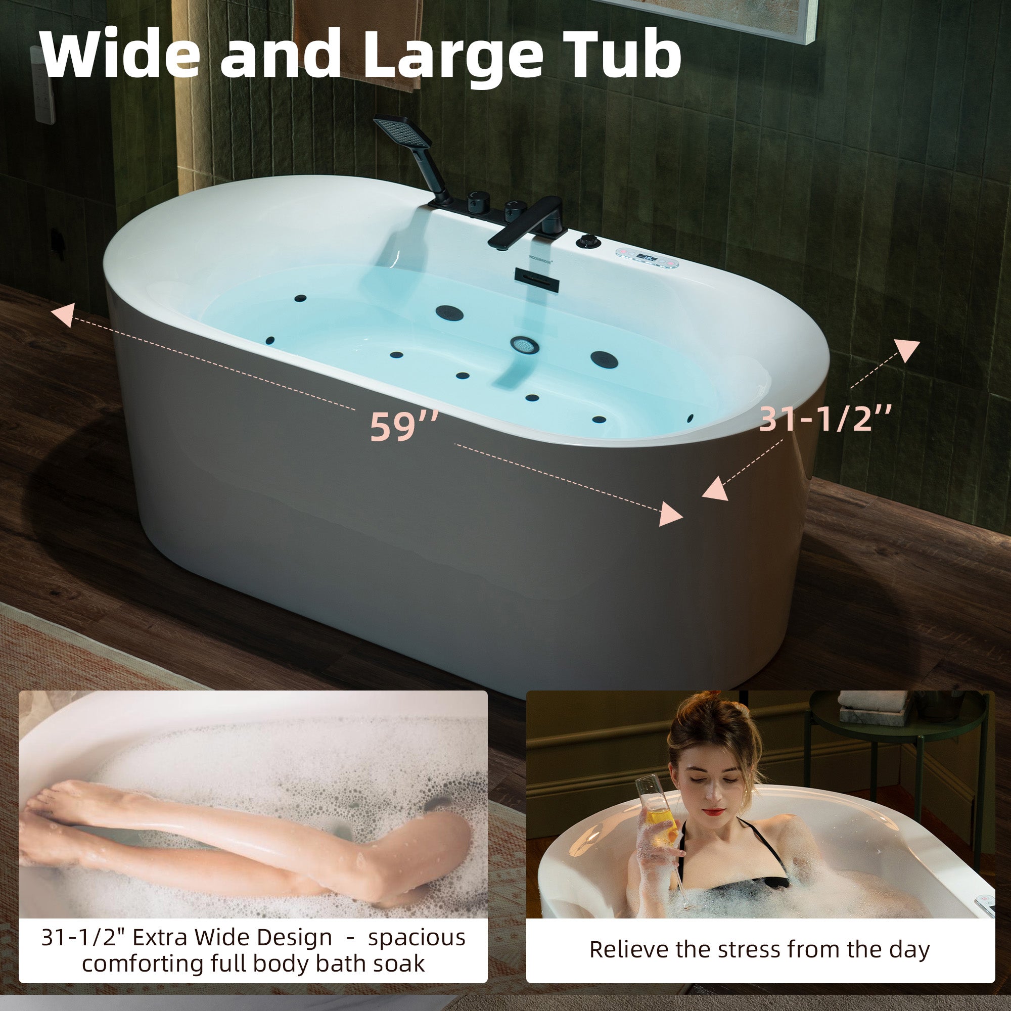 WOODBRIDGE 59" x 31-1/2" Whirlpool and Air Bath Heated Soaking Combination Tub with Adjustable Speed Air Blower, Faucet and Display Control Panel, Matte Black Finish Trim and Drain Kit