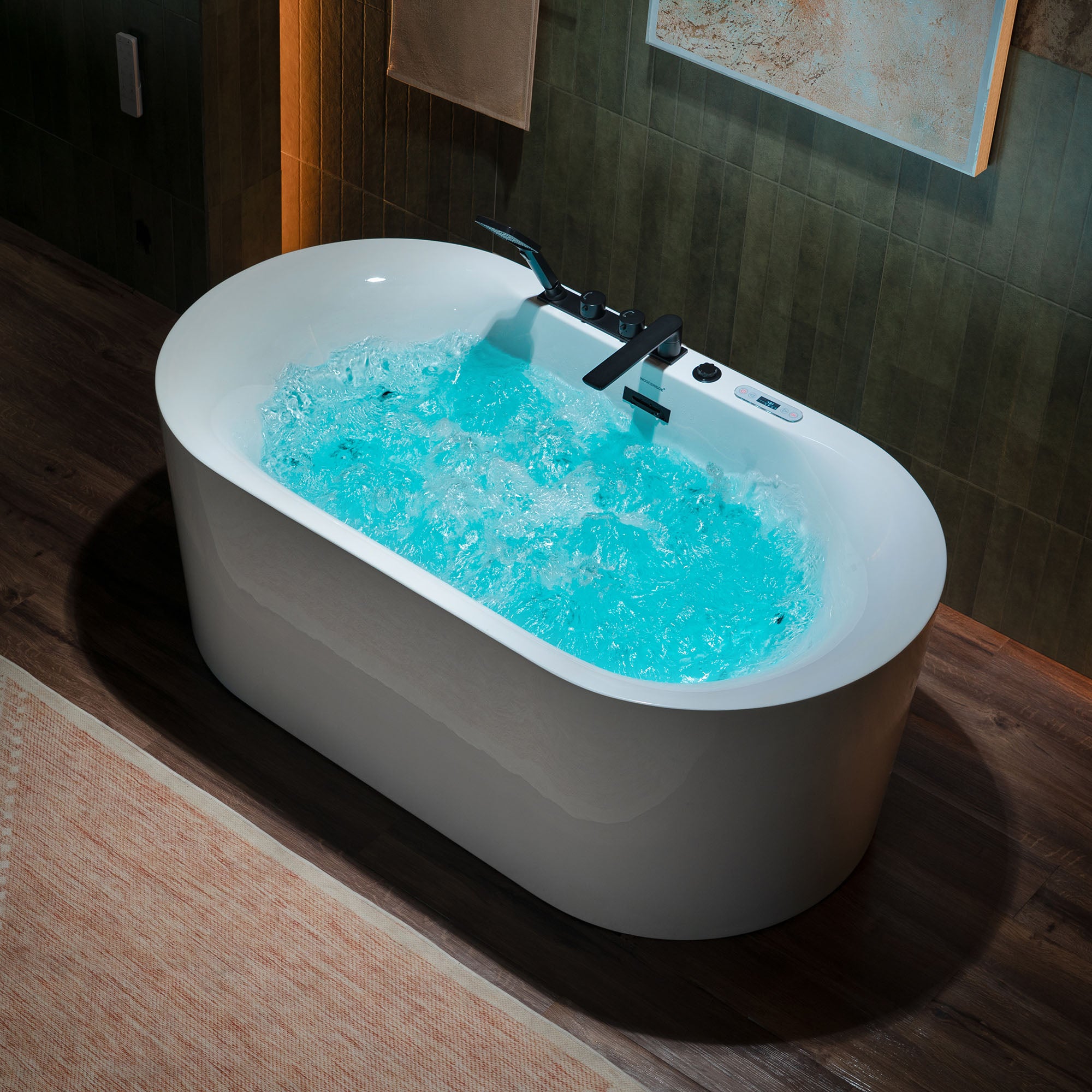 WOODBRIDGE 59" x 31-1/2" Whirlpool and Air Bath Heated Soaking Combination Tub with Adjustable Speed Air Blower, Faucet and Display Control Panel, Matte Black Finish Trim and Drain Kit