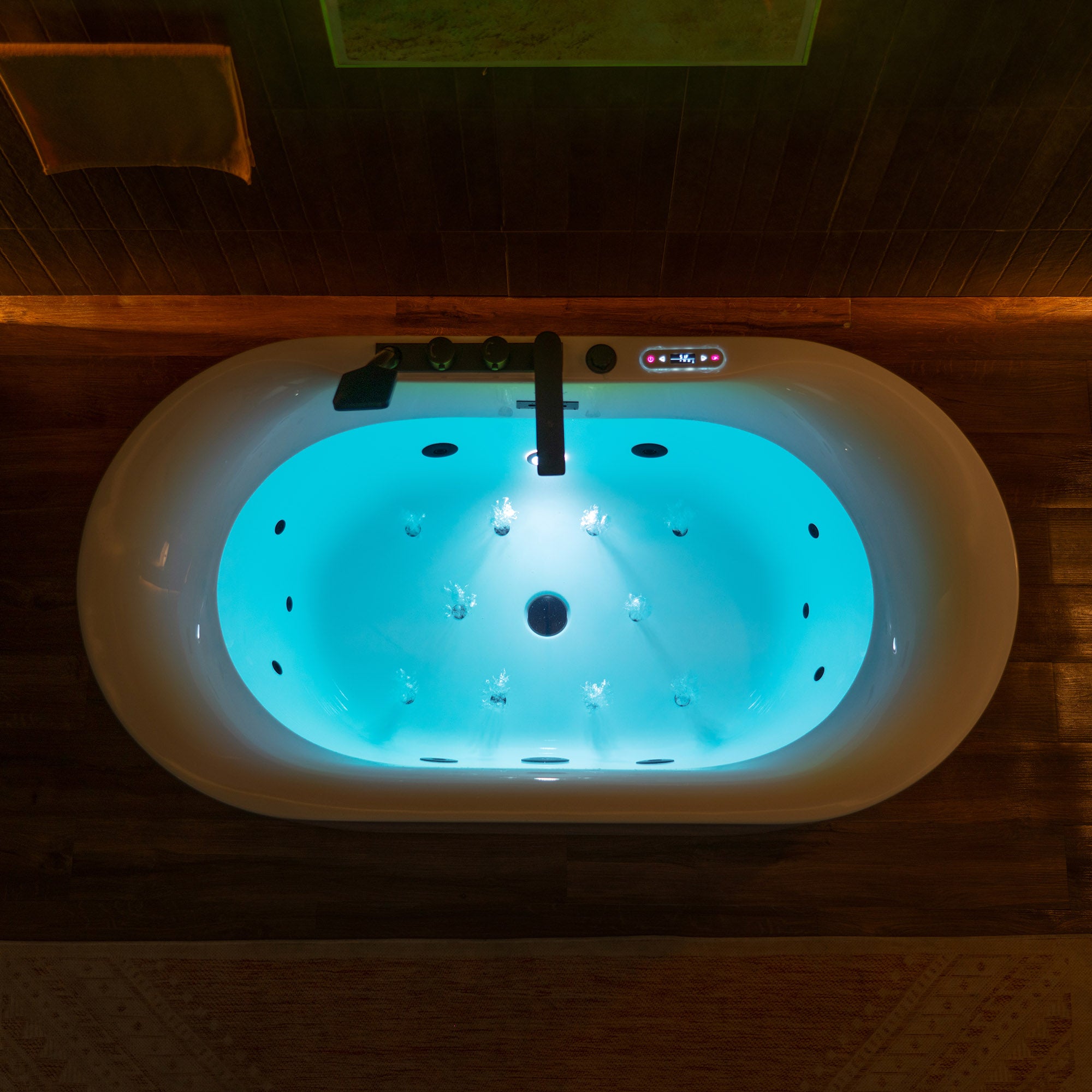 WOODBRIDGE 59" x 31-1/2" Whirlpool and Air Bath Heated Soaking Combination Tub with Adjustable Speed Air Blower, Faucet and Display Control Panel, Matte Black Finish Trim and Drain Kit