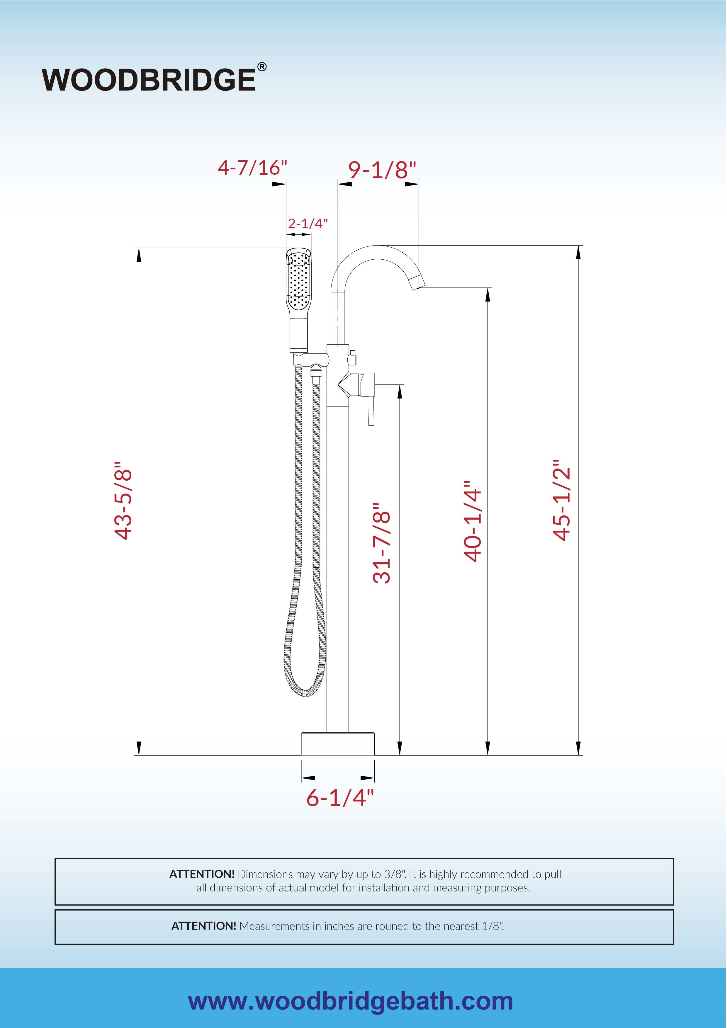 WOODBRIDGE Fusion Single Handle Floor Mount Freestanding Tub Filler Faucet with Square Comfort Grip Hand Shower