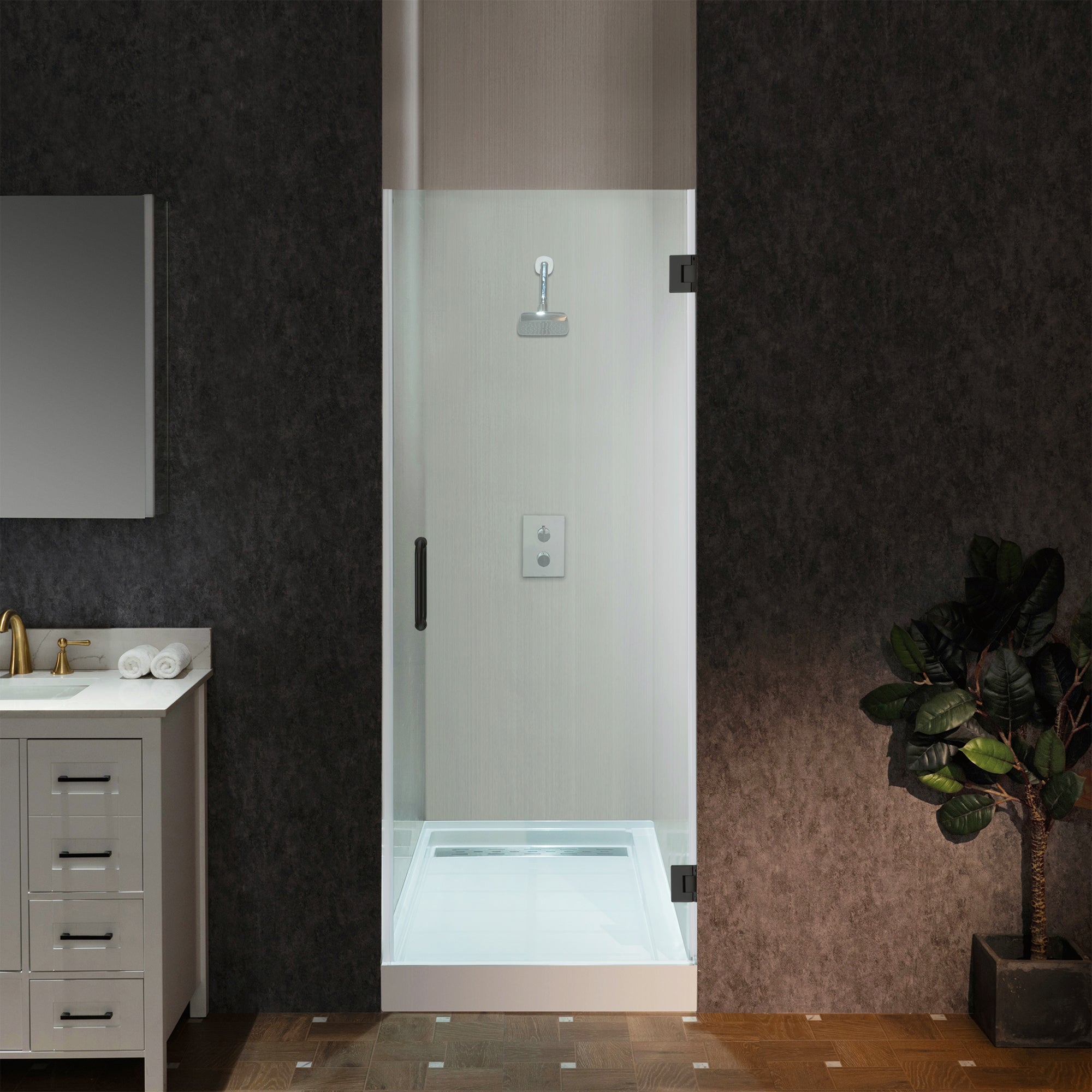 WOODBRIDGE Pivot Frameless Single Swing Hinge Shower Door with Trim, 3/8 in. (10mm) Thickness Shattered-Proof Tempered Clear Glass