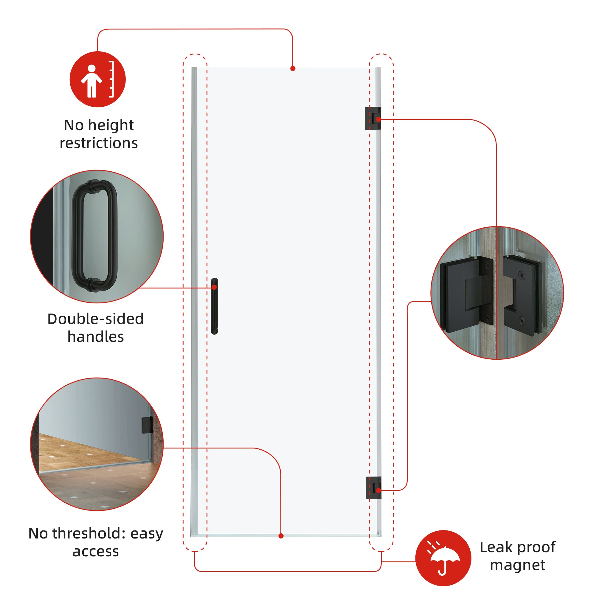 WOODBRIDGE Pivot Frameless Single Swing Hinge Shower Door with Trim, 3/8 in. (10mm) Thickness Shattered-Proof Tempered Clear Glass