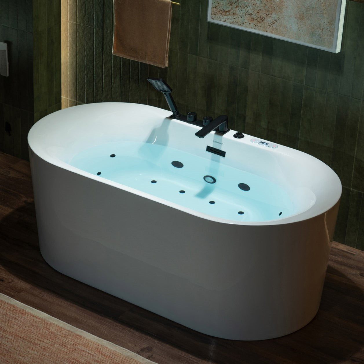WOODBRIDGE 59" x 31-1/2" Whirlpool and Air Bath Heated Soaking Combination Tub with Adjustable Speed Air Blower, Faucet and Display Control Panel, Matte Black Finish Trim and Drain Kit