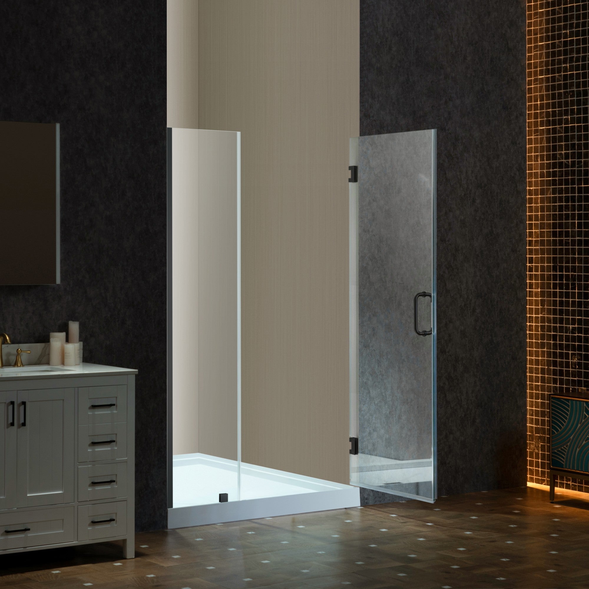 WOODBRIDGE 76" H Pivot Frameless Single Swing Hinge Shower Door, 3/8 in. (10mm) Thickness Shattered-Proof Tempered Clear Glass with Trim