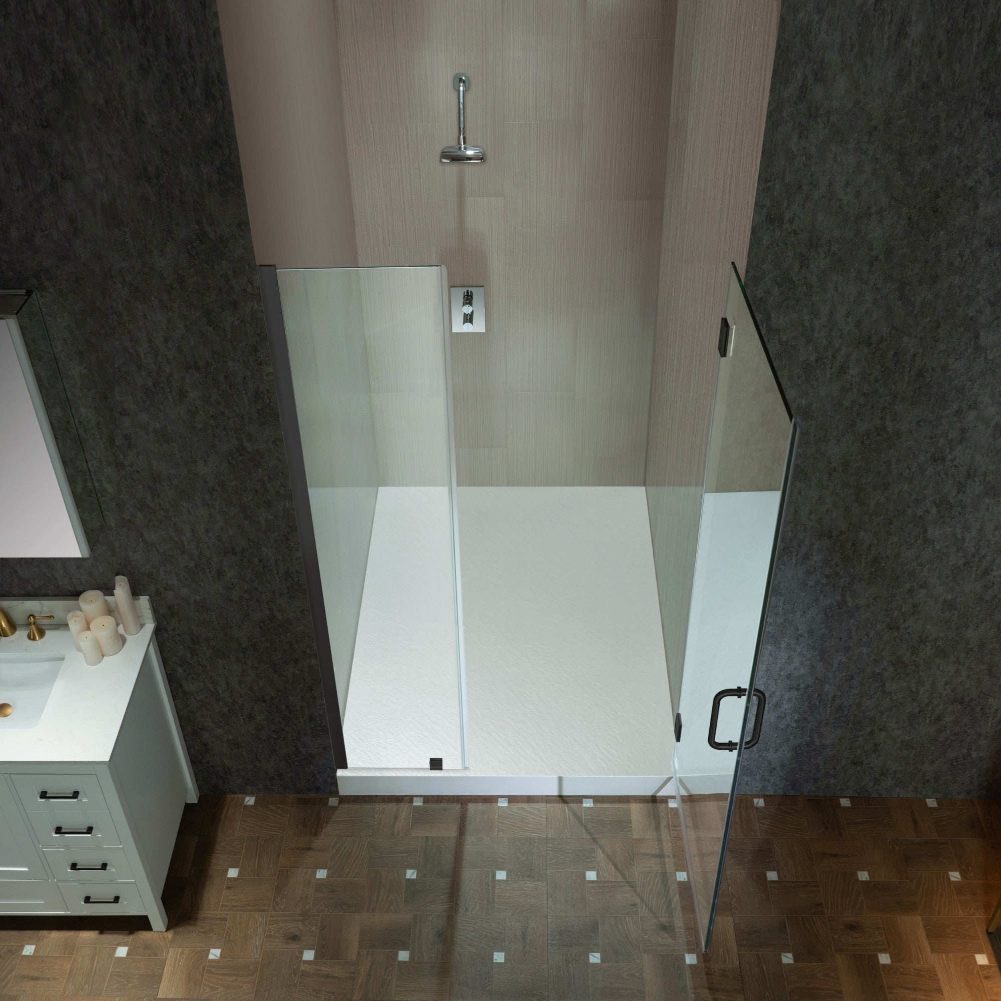 WOODBRIDGE 76" H Pivot Frameless Single Swing Hinge Shower Door, 3/8 in. (10mm) Thickness Shattered-Proof Tempered Clear Glass with Trim