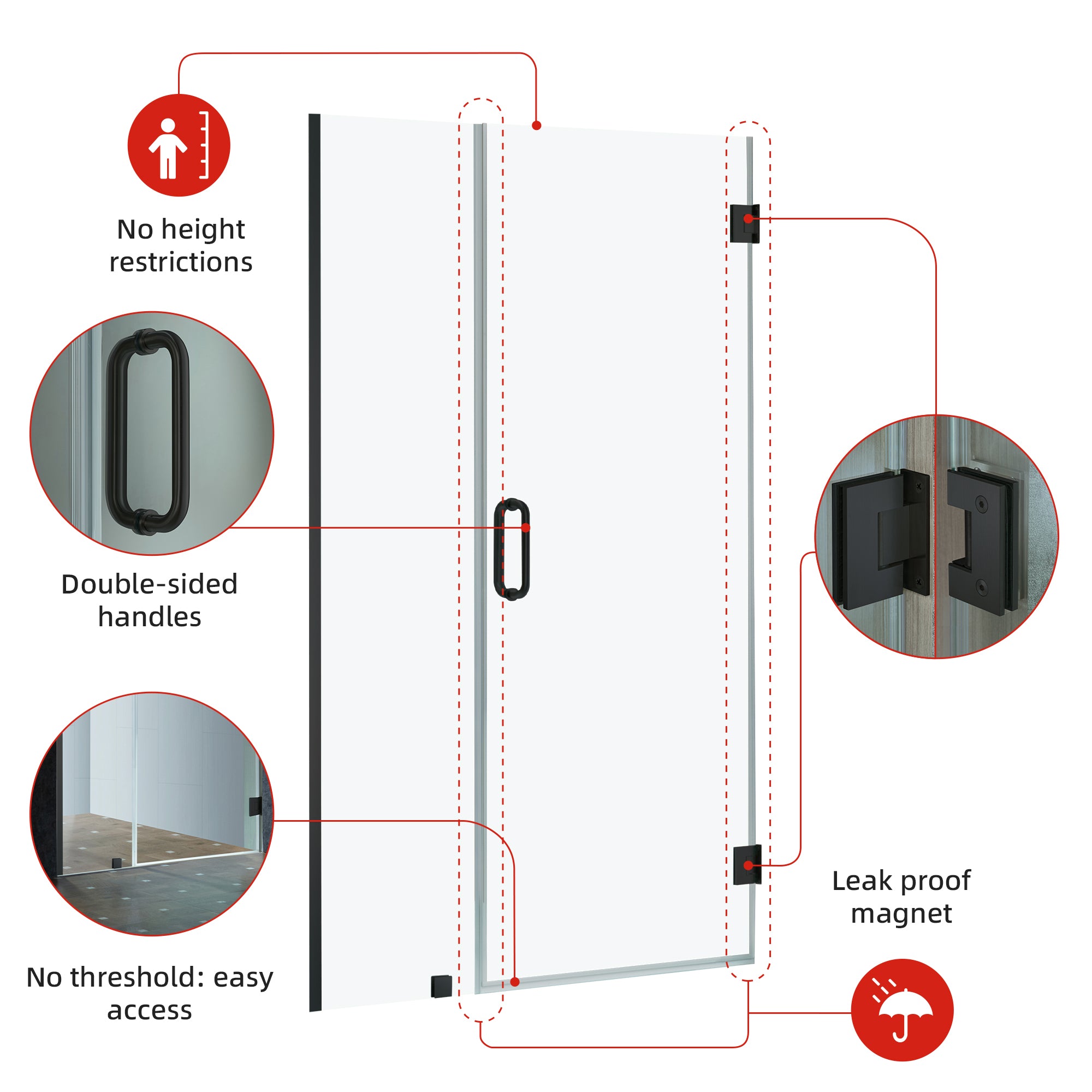 WOODBRIDGE 76" H Pivot Frameless Single Swing Hinge Shower Door, 3/8 in. (10mm) Thickness Shattered-Proof Tempered Clear Glass with Trim
