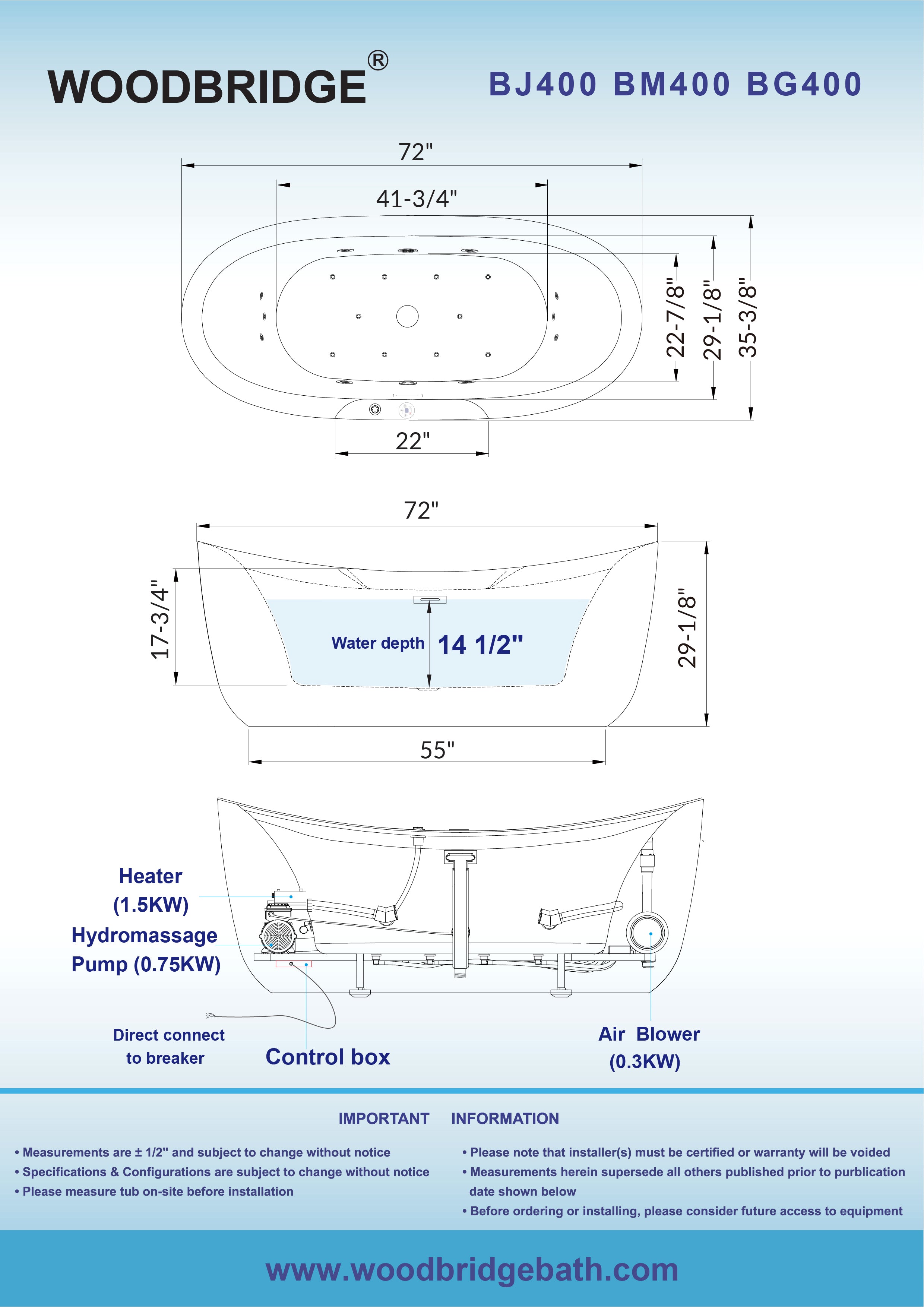 Best Seller WOODBRIDGE 72" x 35-3/8" Whirlpool Water Jetted and Air Bubble Freestanding Heated Soaking Combination Bathtub with LED control panel