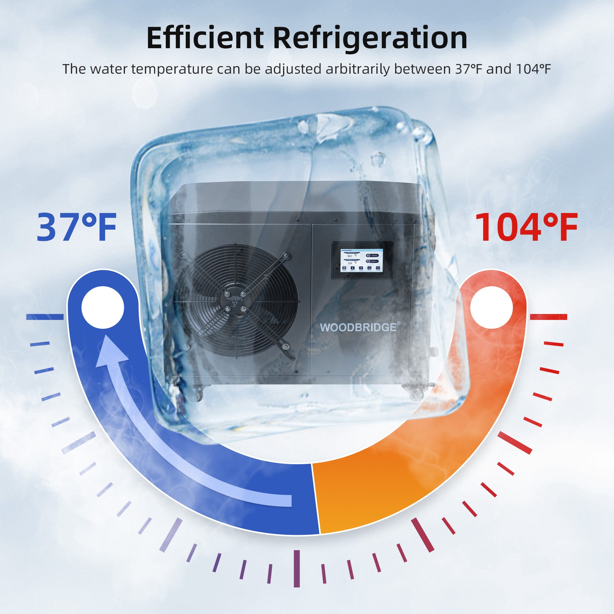 WOODBRIDGE 67" L x 31-1/2" W Freestanding Acrylic Cold Plunge Ice Tub with 1.3 HP High-Performance Chiller for Cooling/Heating, Ozone sanitation, Filter circulation system, Insulated tub cover