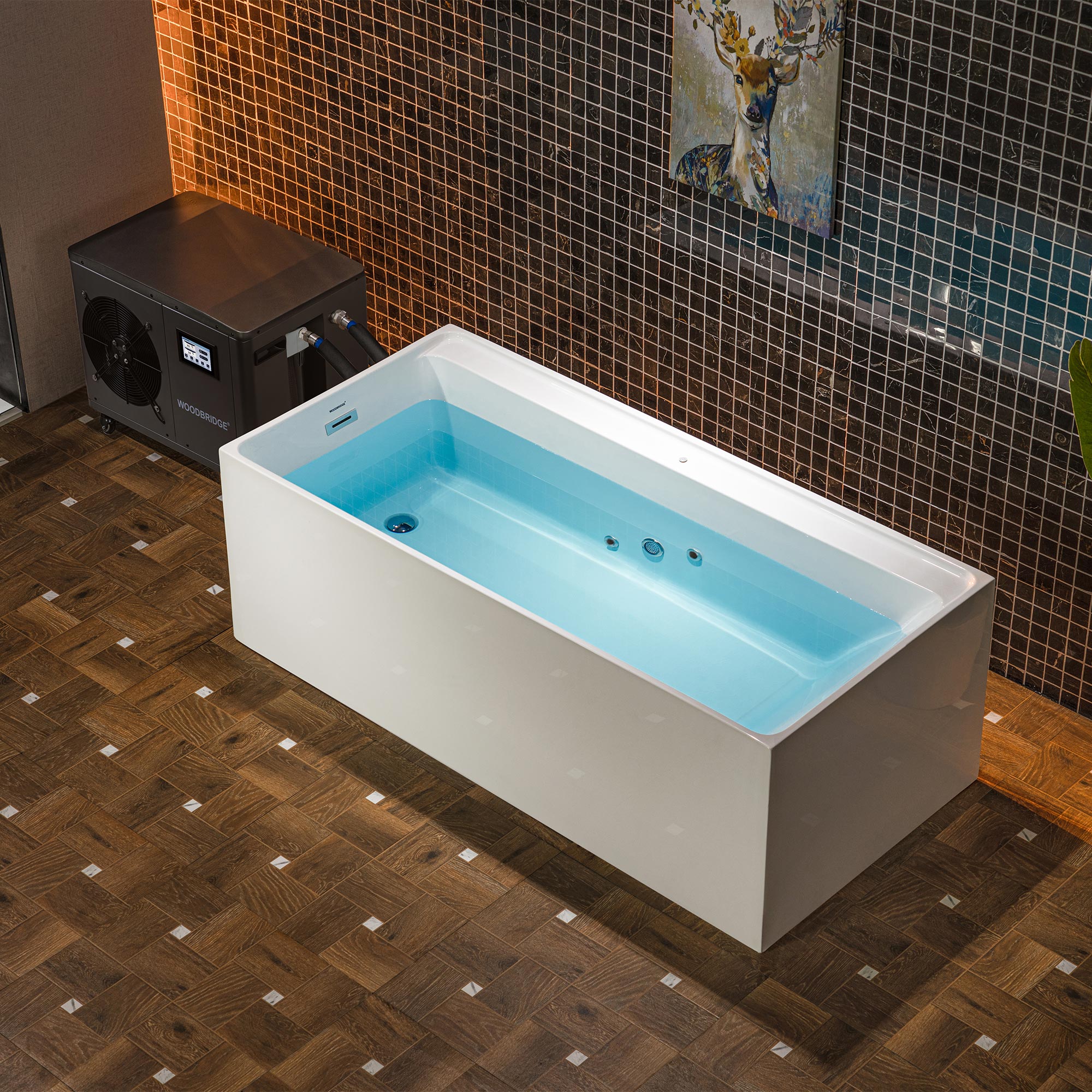 WOODBRIDGE 67" L x 31-1/2" W Freestanding Acrylic Cold Plunge Ice Tub with 1.3 HP High-Performance Chiller for Cooling/Heating, Ozone sanitation, Filter circulation system, Insulated tub cover