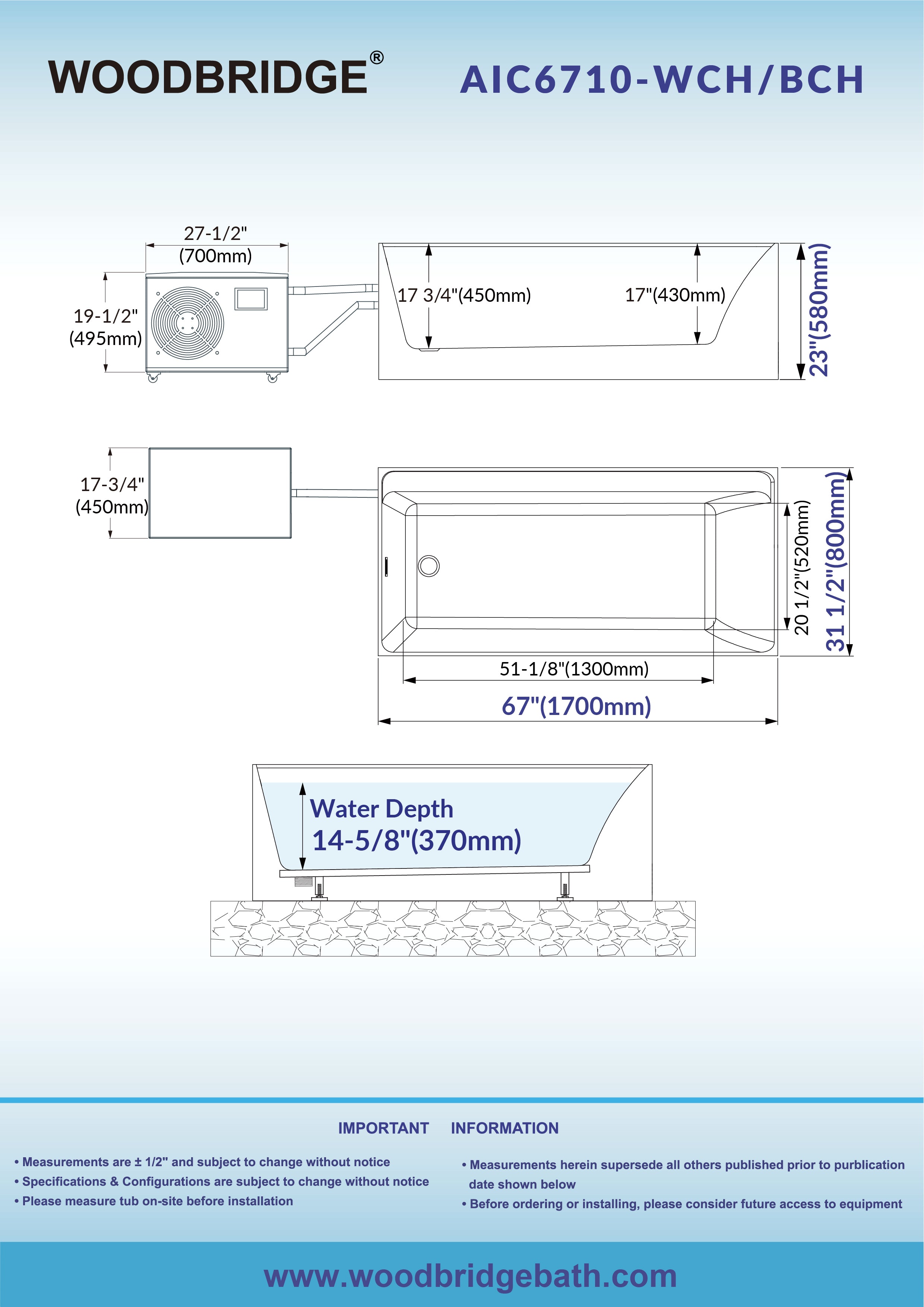 WOODBRIDGE 67" L x 31-1/2" W Freestanding Acrylic Cold Plunge Ice Tub with 1.3 HP High-Performance Chiller for Cooling/Heating, Ozone sanitation, Filter circulation system, Insulated tub cover