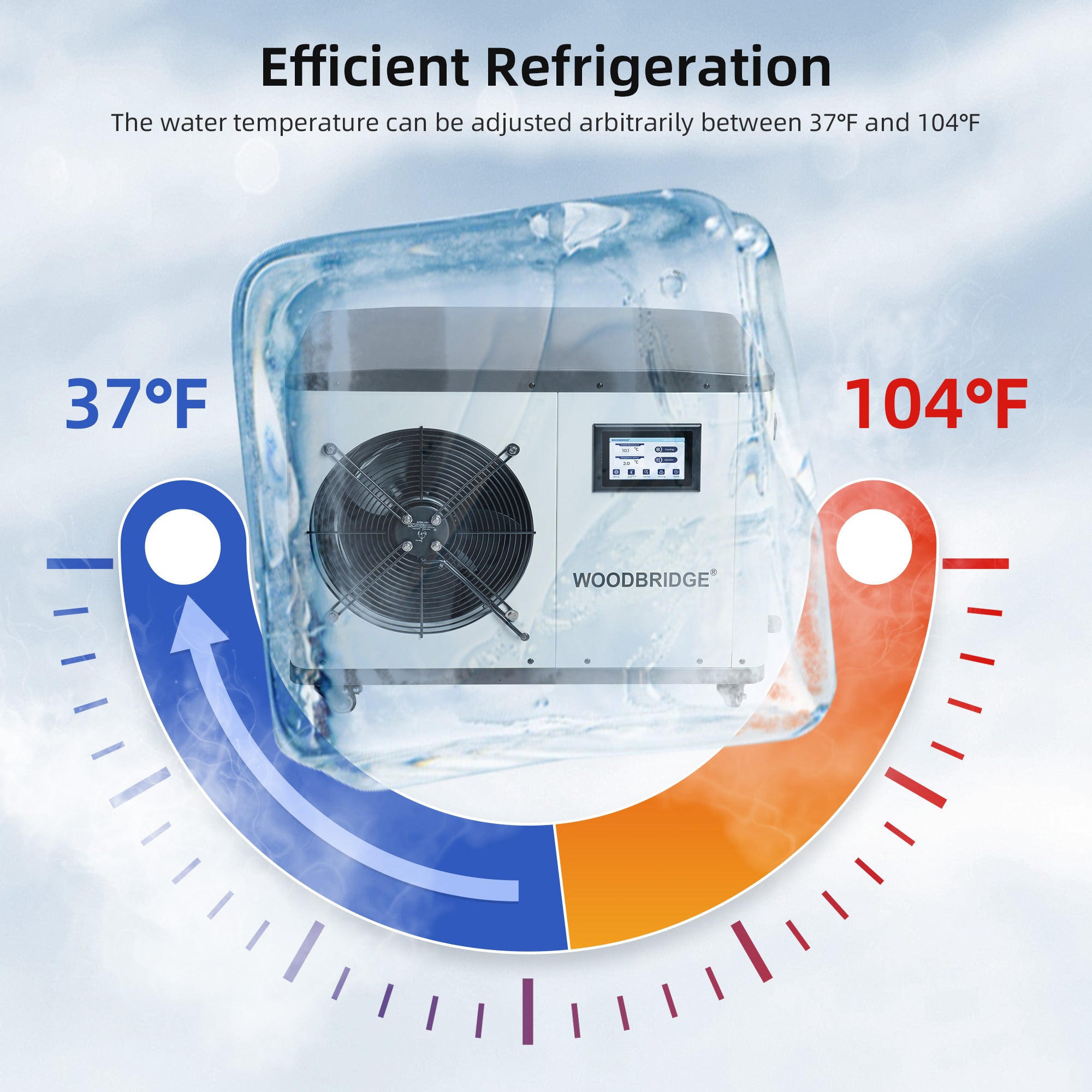 WOODBRIDGE 67" L x 31-1/2" W Freestanding Acrylic Cold Plunge Ice Tub with 1.3 HP High-Performance Chiller for Cooling/Heating, Ozone sanitation, Filter circulation system, Insulated tub cover