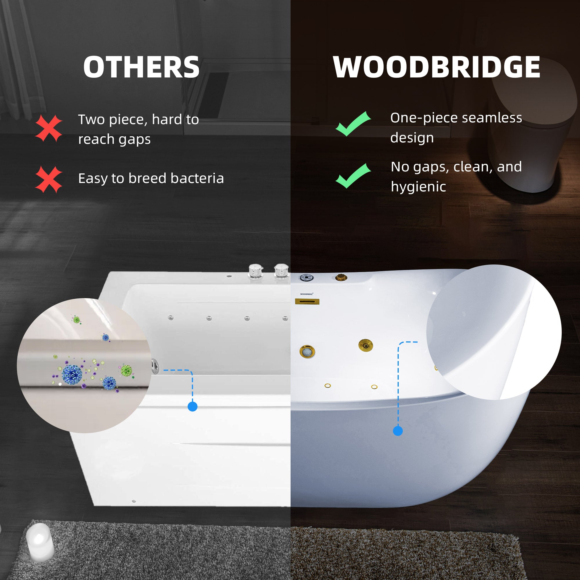 Best Seller WOODBRIDGE 72" x 35-3/8" Whirlpool Water Jetted and Air Bubble Freestanding Heated Soaking Combination Bathtub with LED control panel
